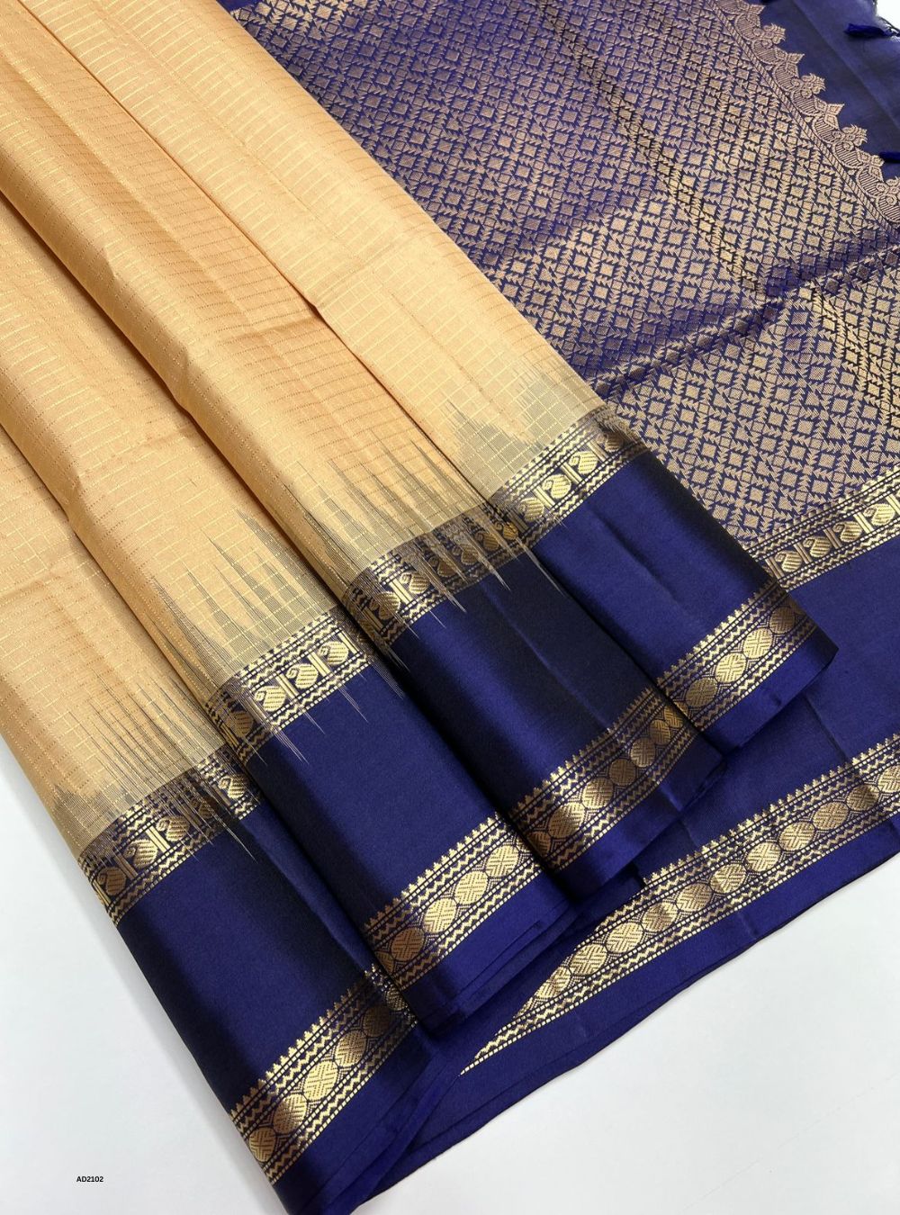 Cream & Navy - Soft Silk Saree