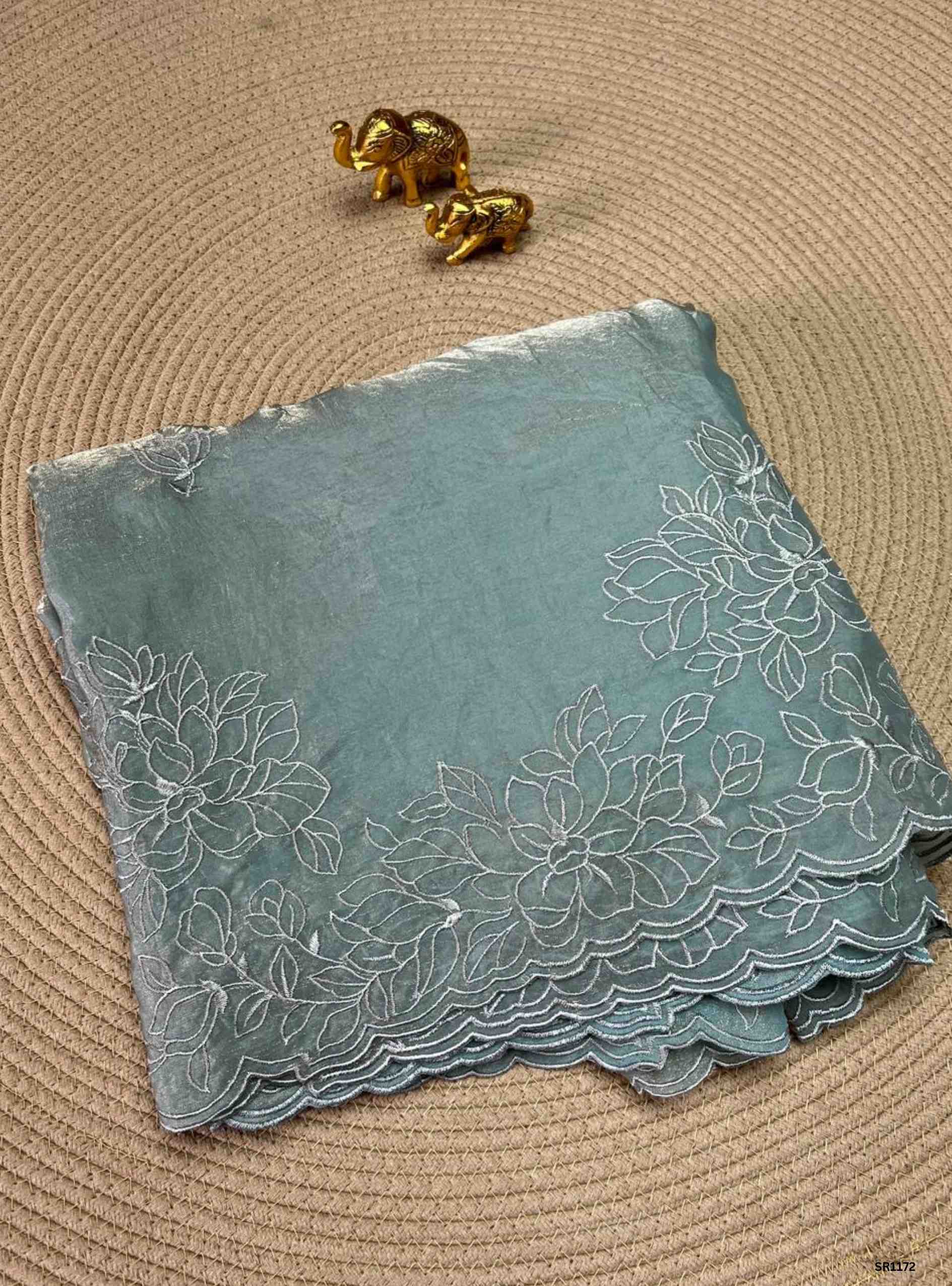 Metalic Grey - Chinon Orgnanza Embroidery Saree