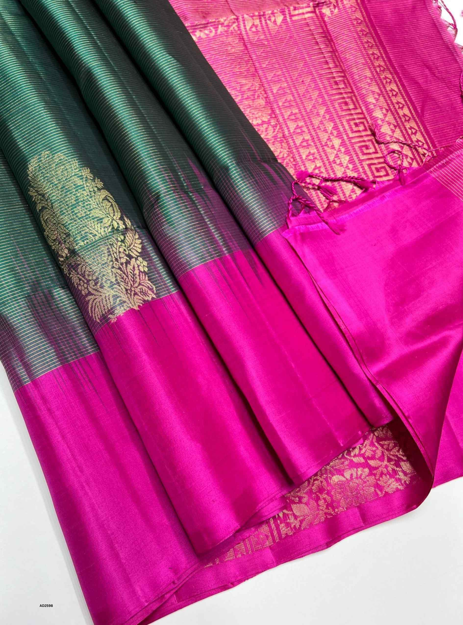 Emerald Green & Pink - Soft Silk Saree