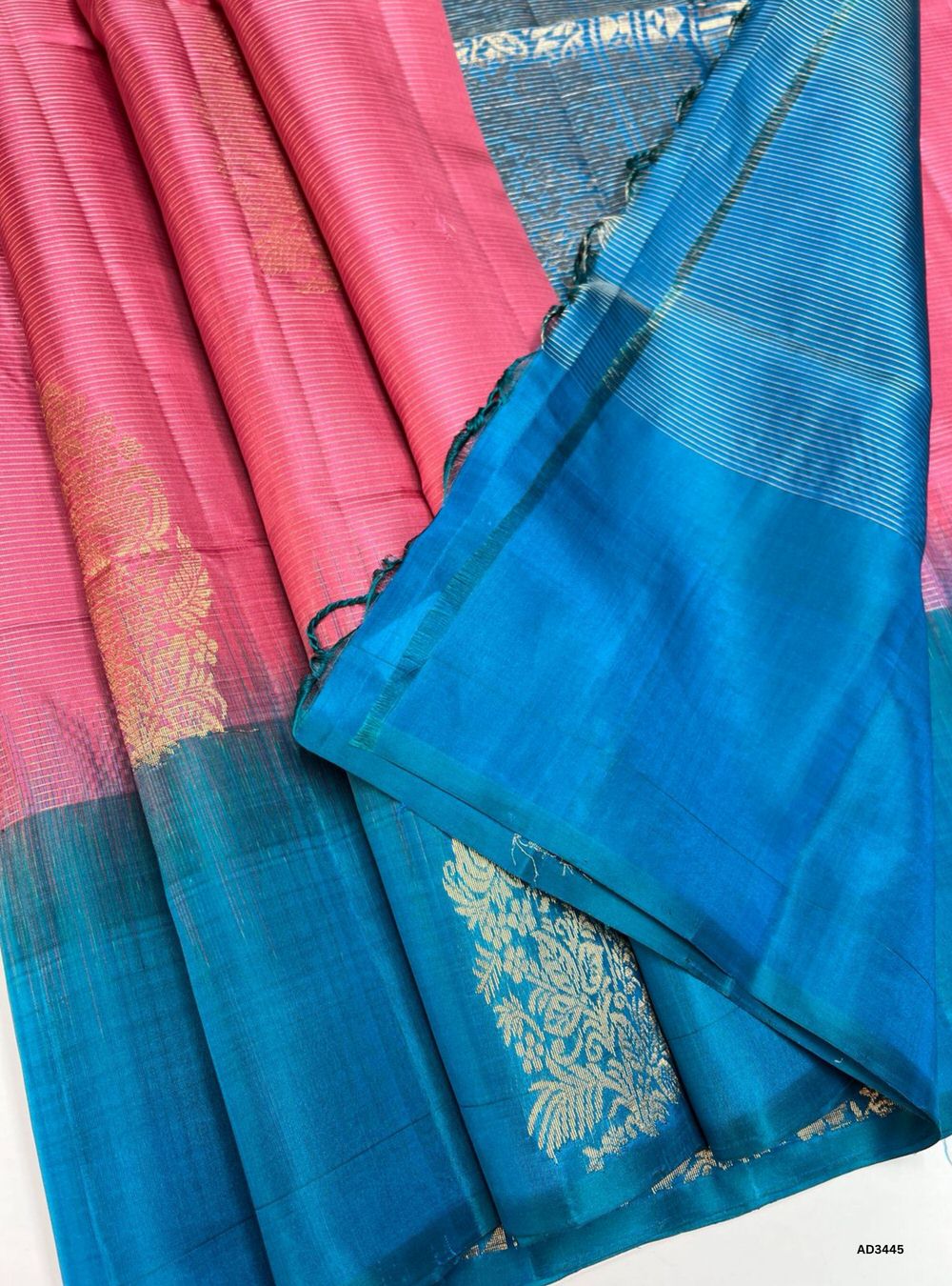 Bubble Gum Pink & Rama Blue - Soft Silk Saree