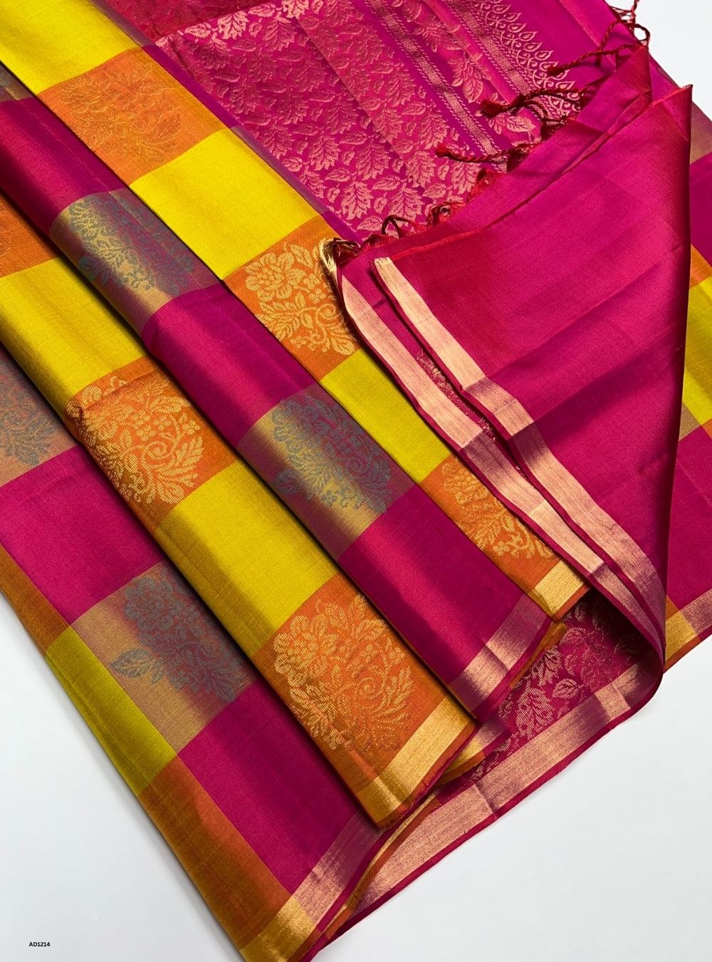 Mustard Yellow & Pinkish Red - Soft Silk Saree