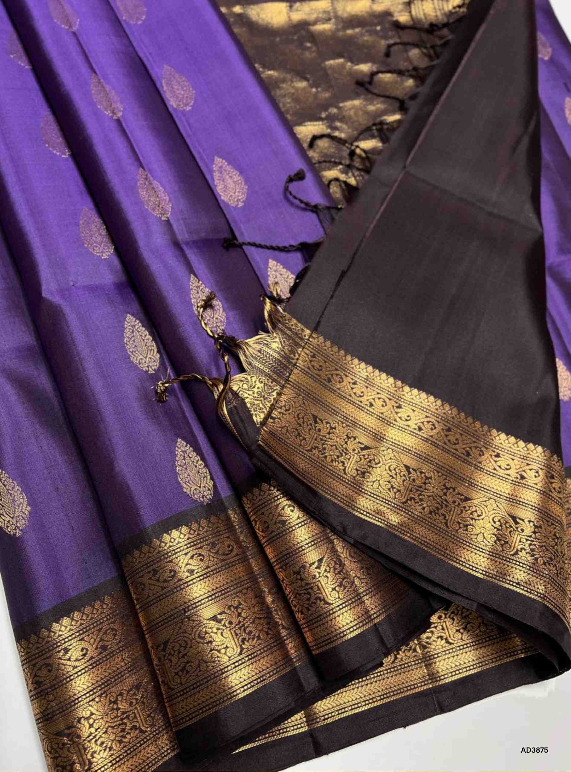Purple & Dark Coffee Brown - Kanchi Border Soft Silk Saree