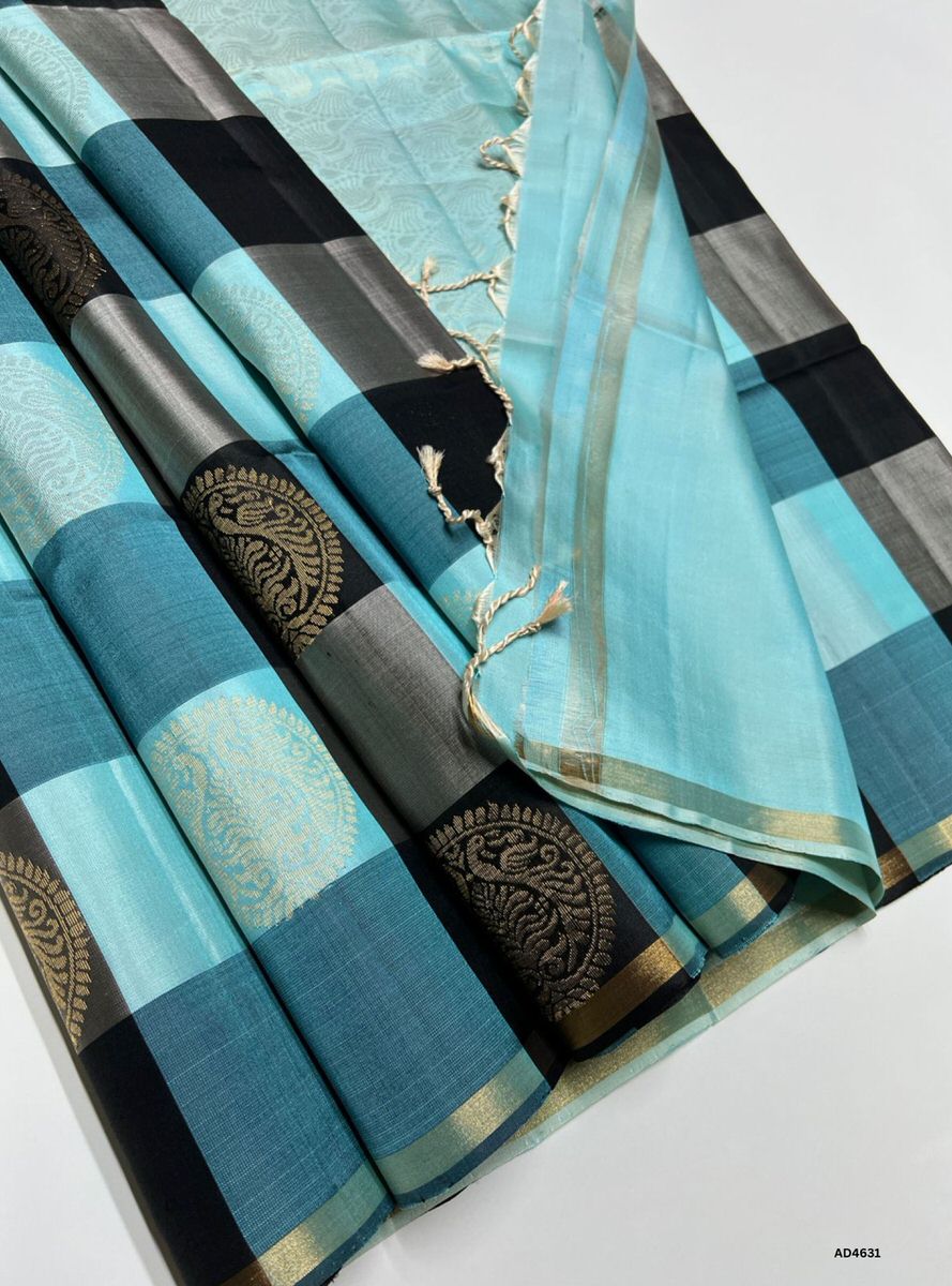 Aquamarine & Black - Pazhum Pazhamum Soft Silk Saree