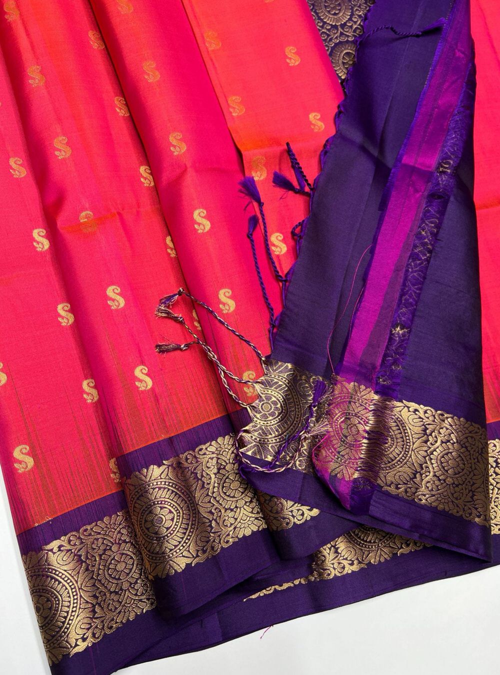 Orangish Pink & Purple - Soft Silk Saree