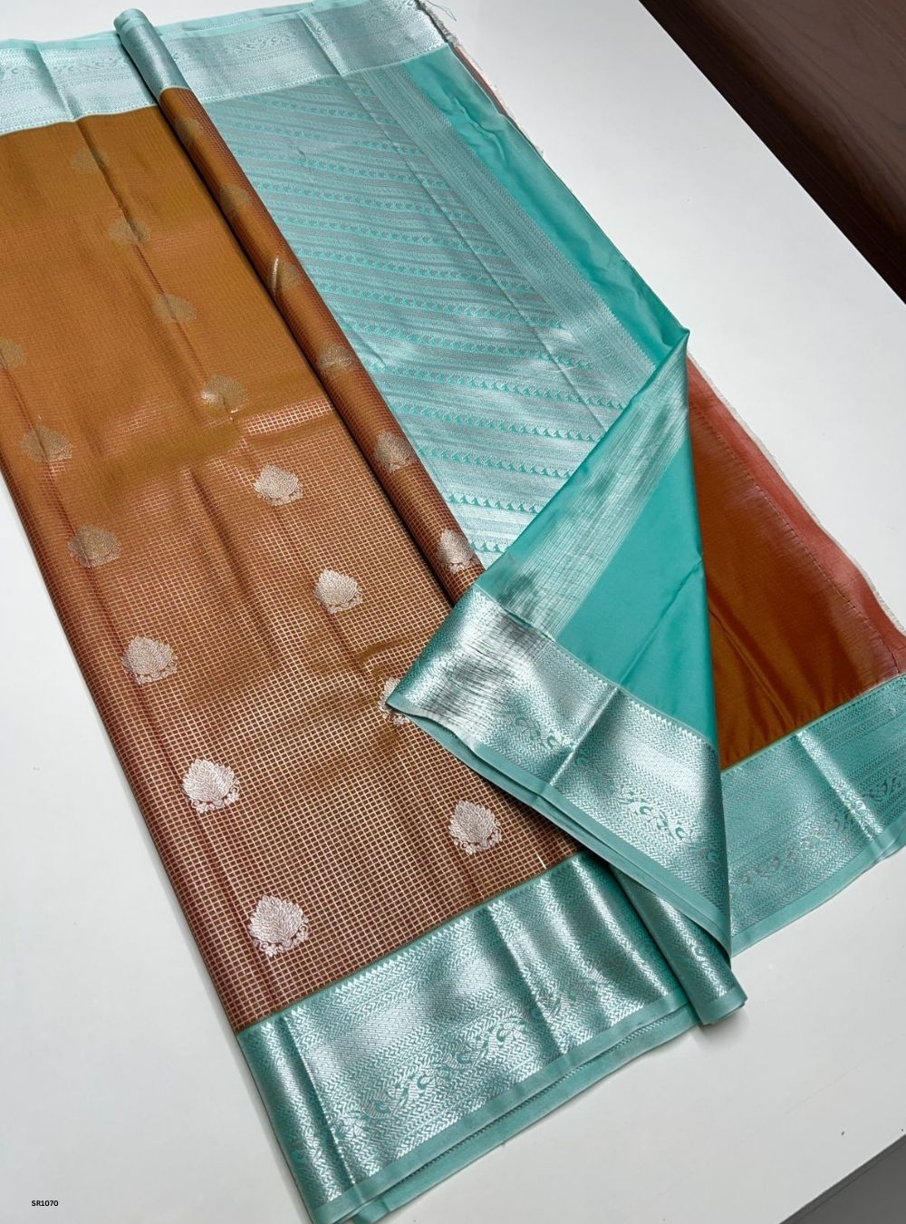 Burnt Orange & Ice Blue - Vegan Silk Saree