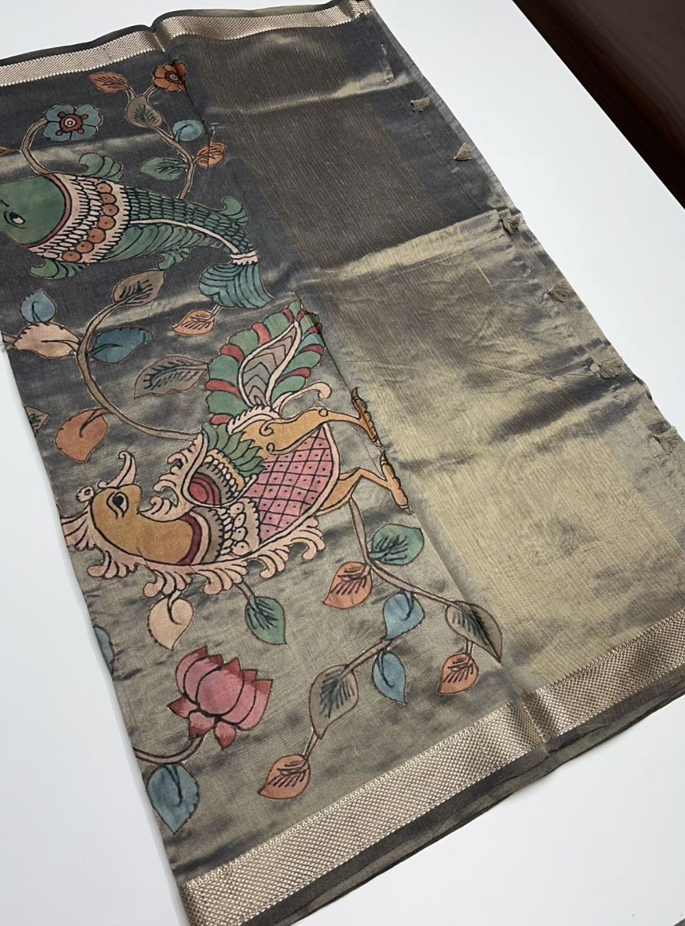 Metallic Grey Hand Painted - Tissue Saree