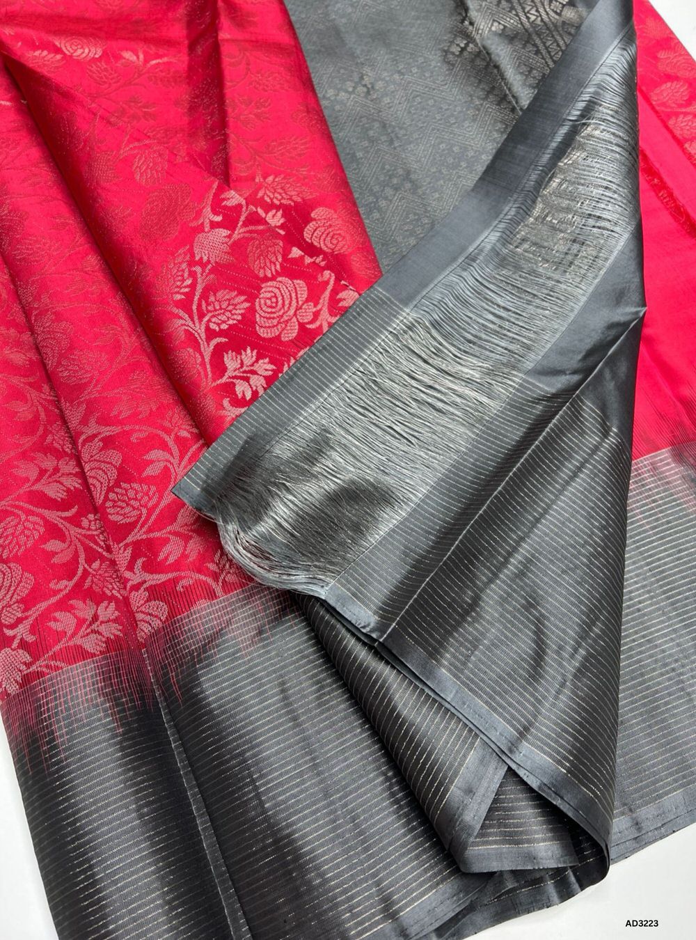 Raddish Pink & Grey - Soft Silk Saree