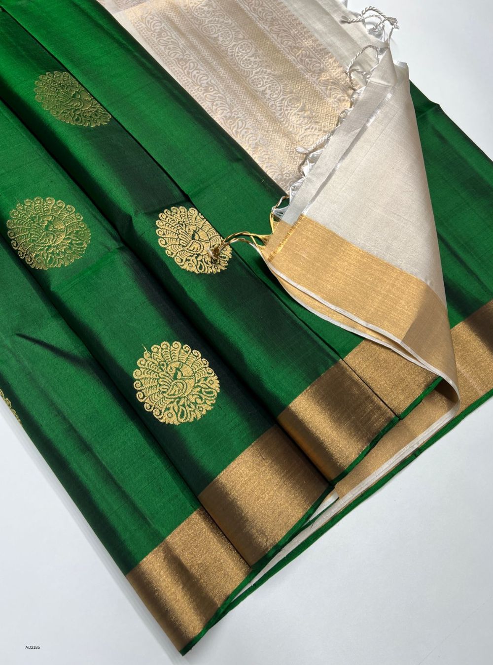 Bottle Green & White - Soft Silk Saree