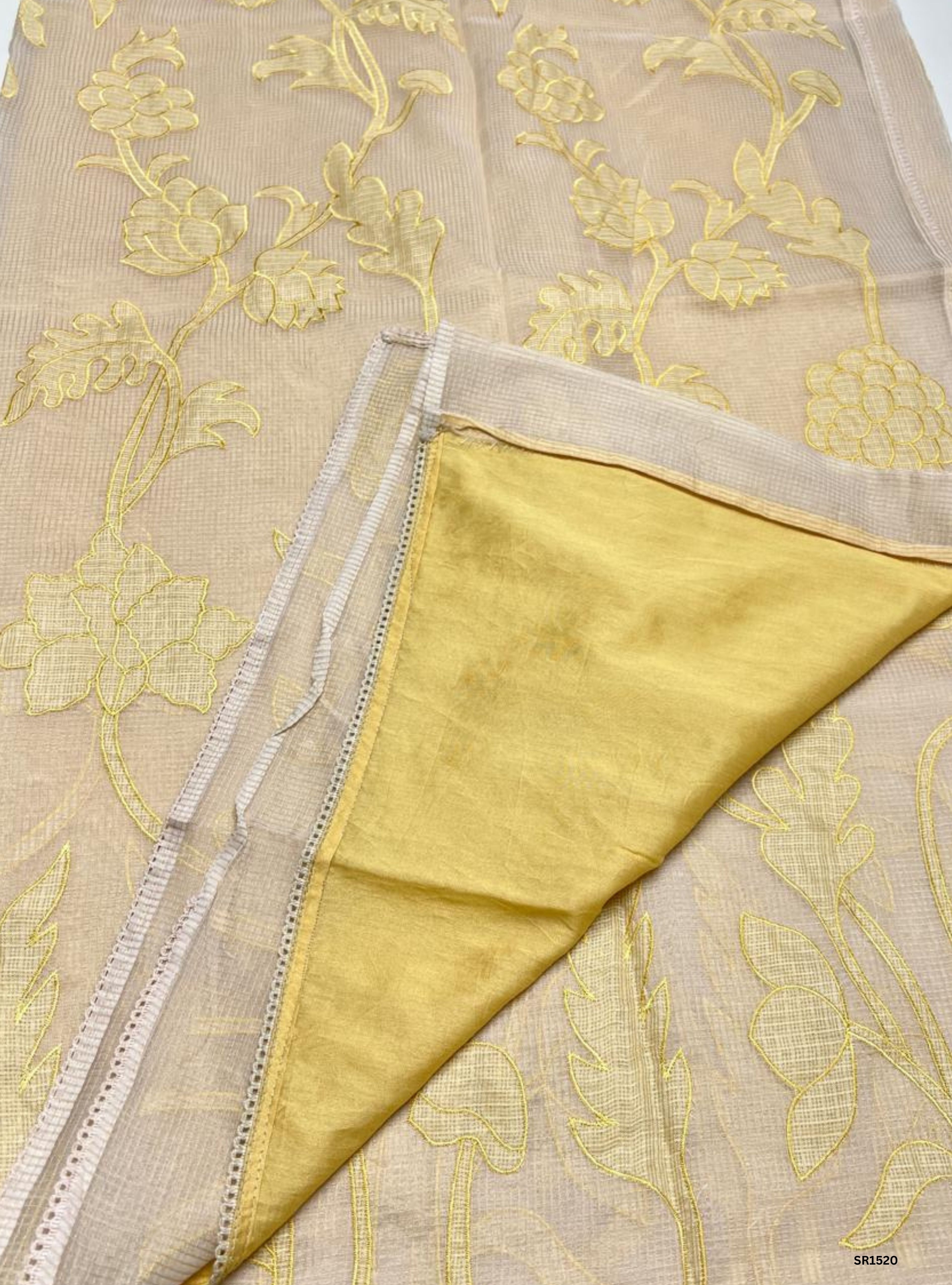 Half White & Yellow - Kota Applique Work Saree