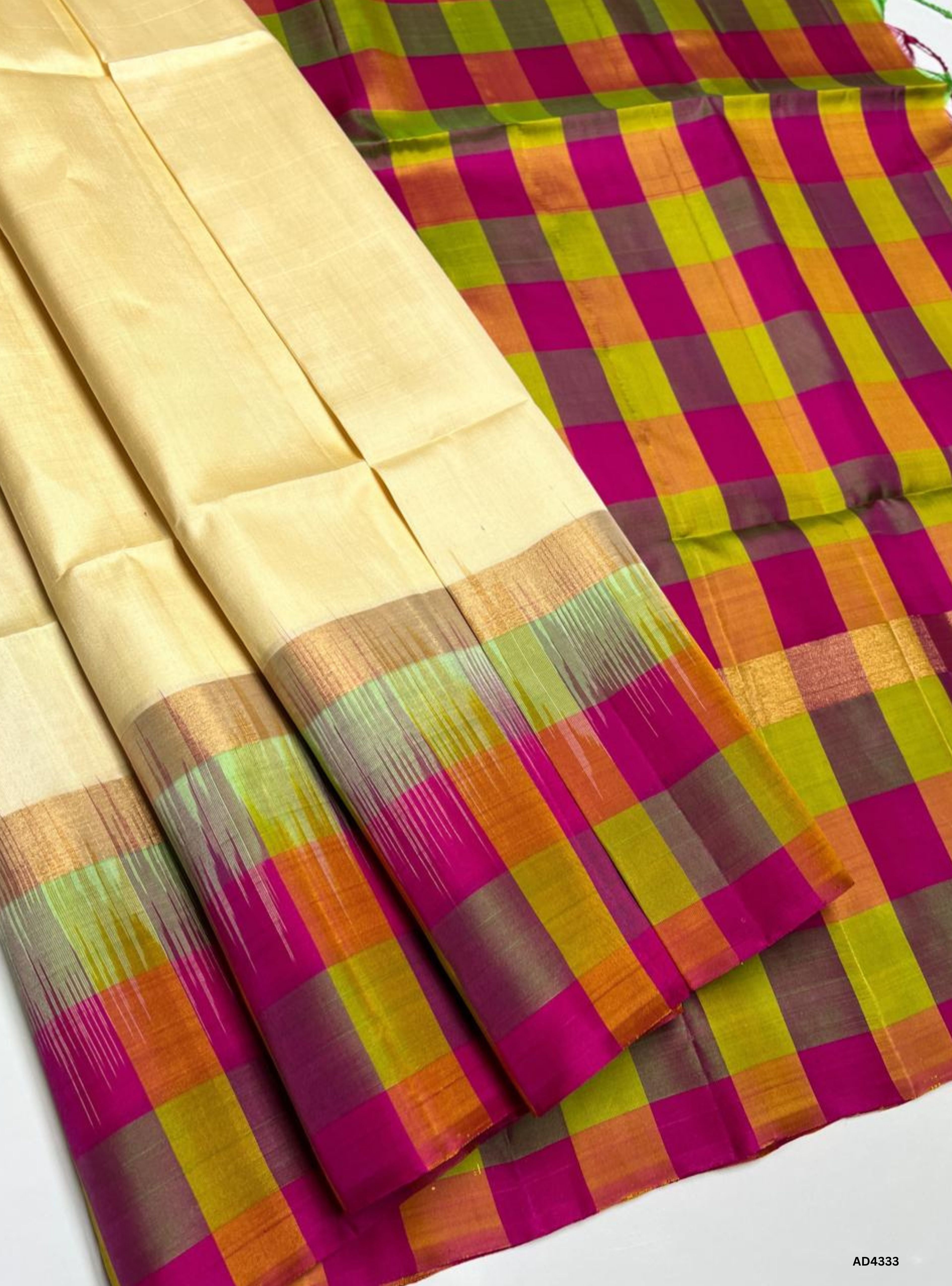 Half White & Rani Pink -Plain Pazhum Pazhamum Soft Silk Saree