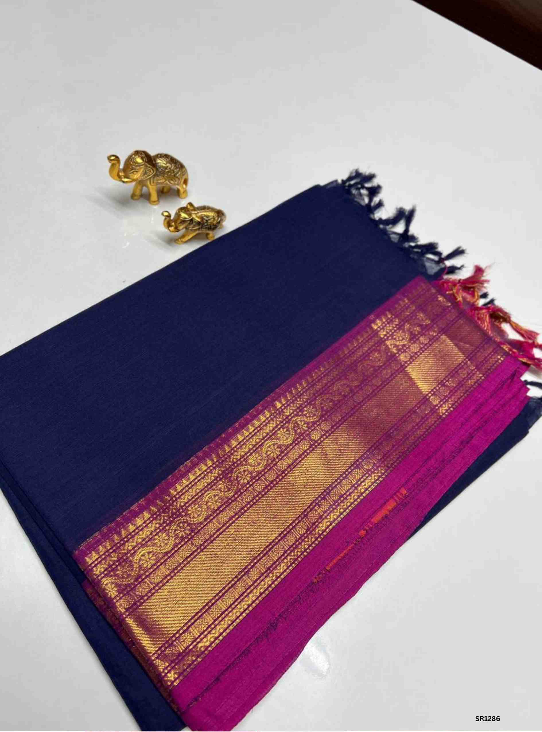 Navy Blue & Magenta Pink - Kanchi Cotton Saree