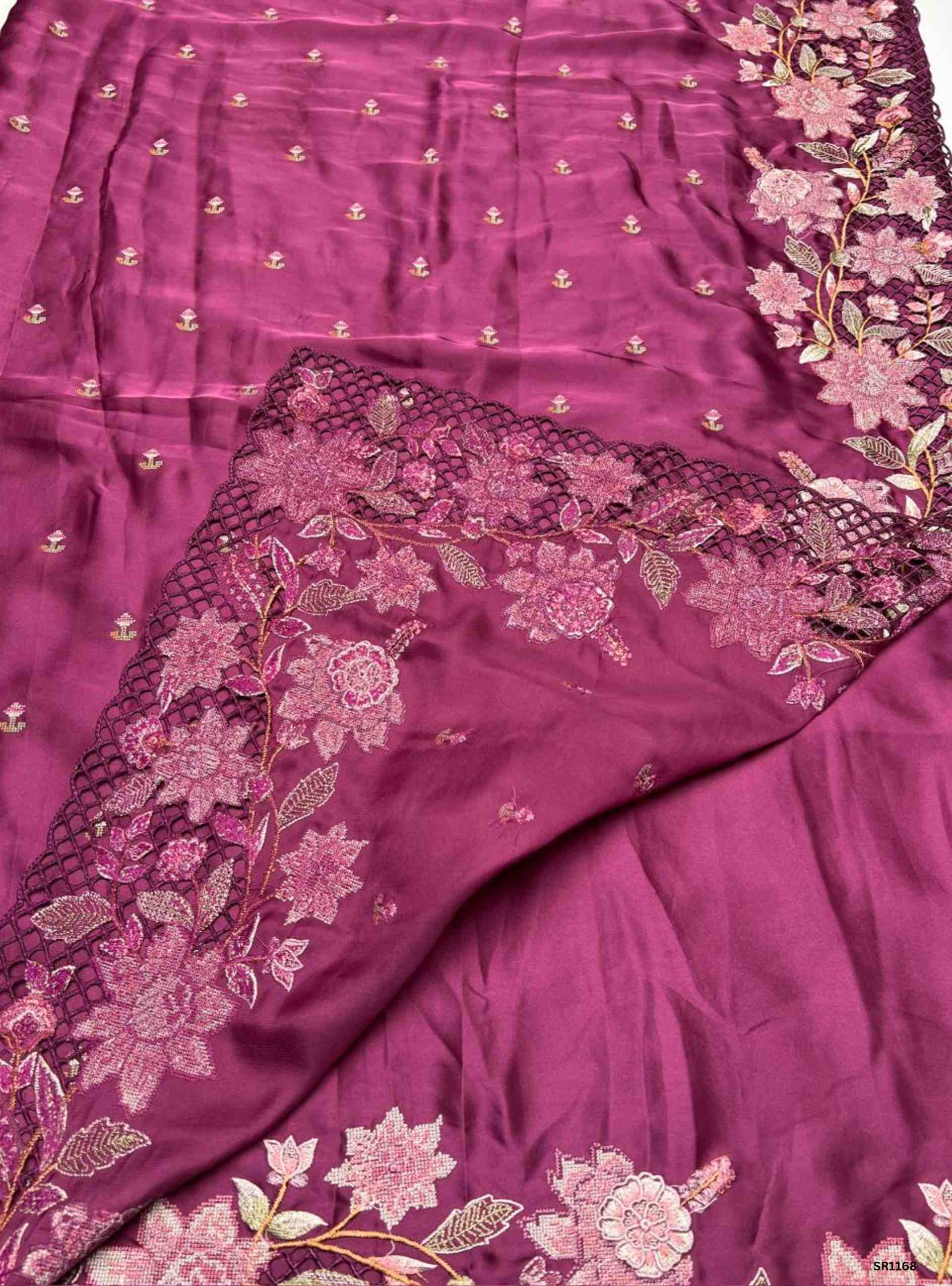 Dark Fuchsia - Satin Georgette Saree Cutwork with Embroidery