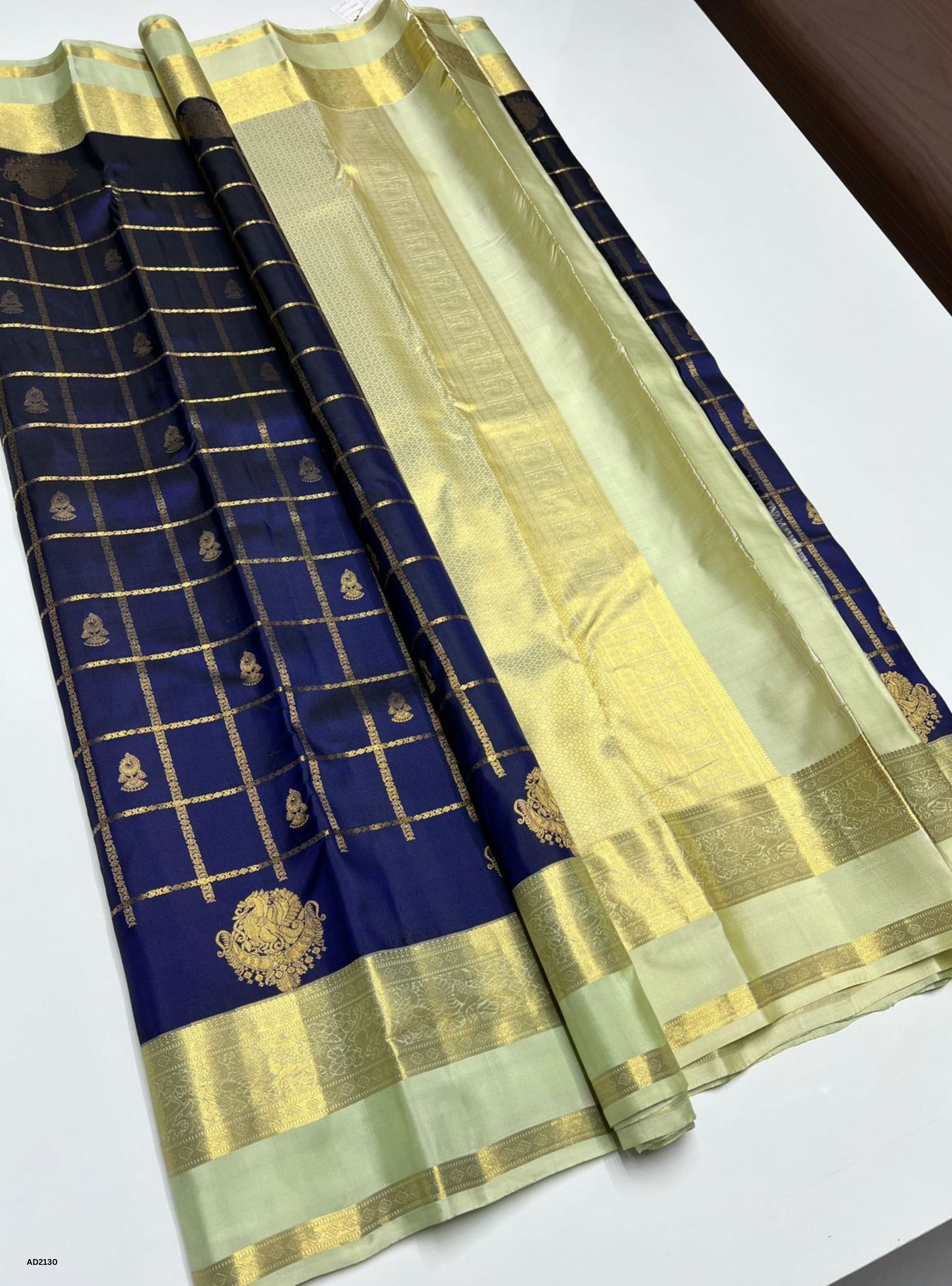 Navy & Light Mint Green - Soft Silk Saree