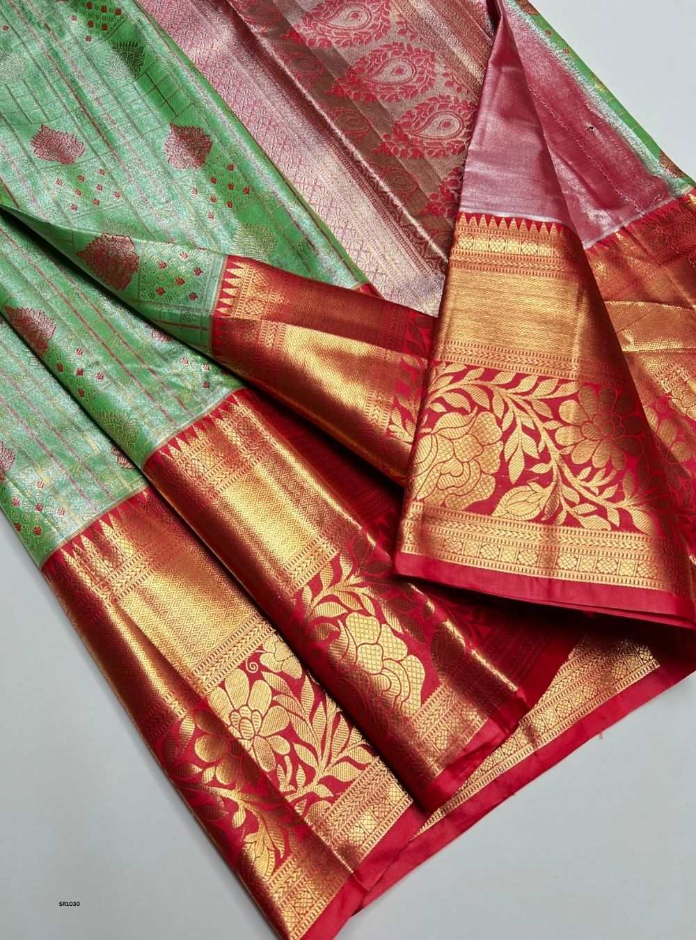 Pista Green & Red - Semi Kanjeevaram Saree