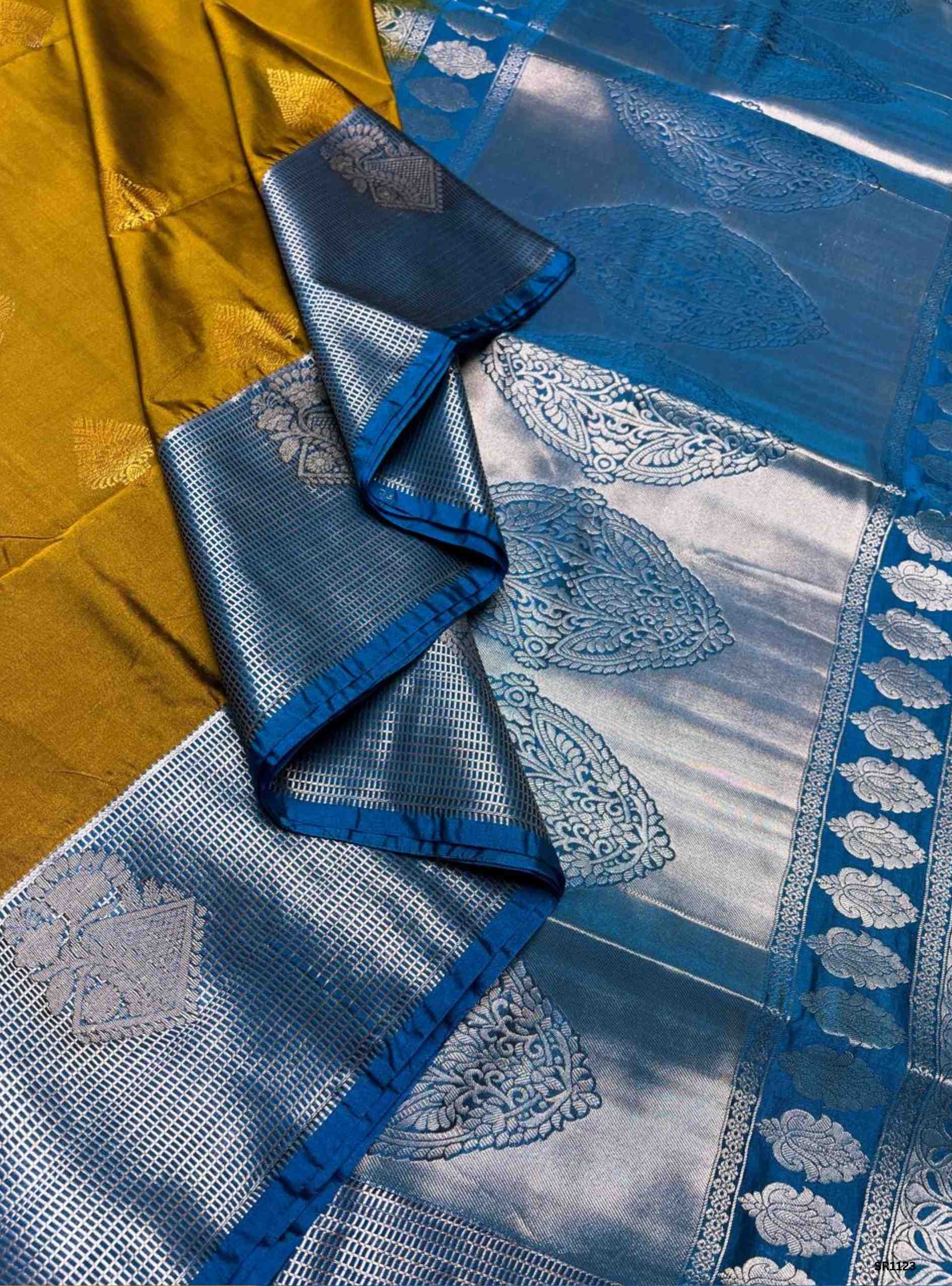 Mehendi Brown & Blue - Semi Silk Saree