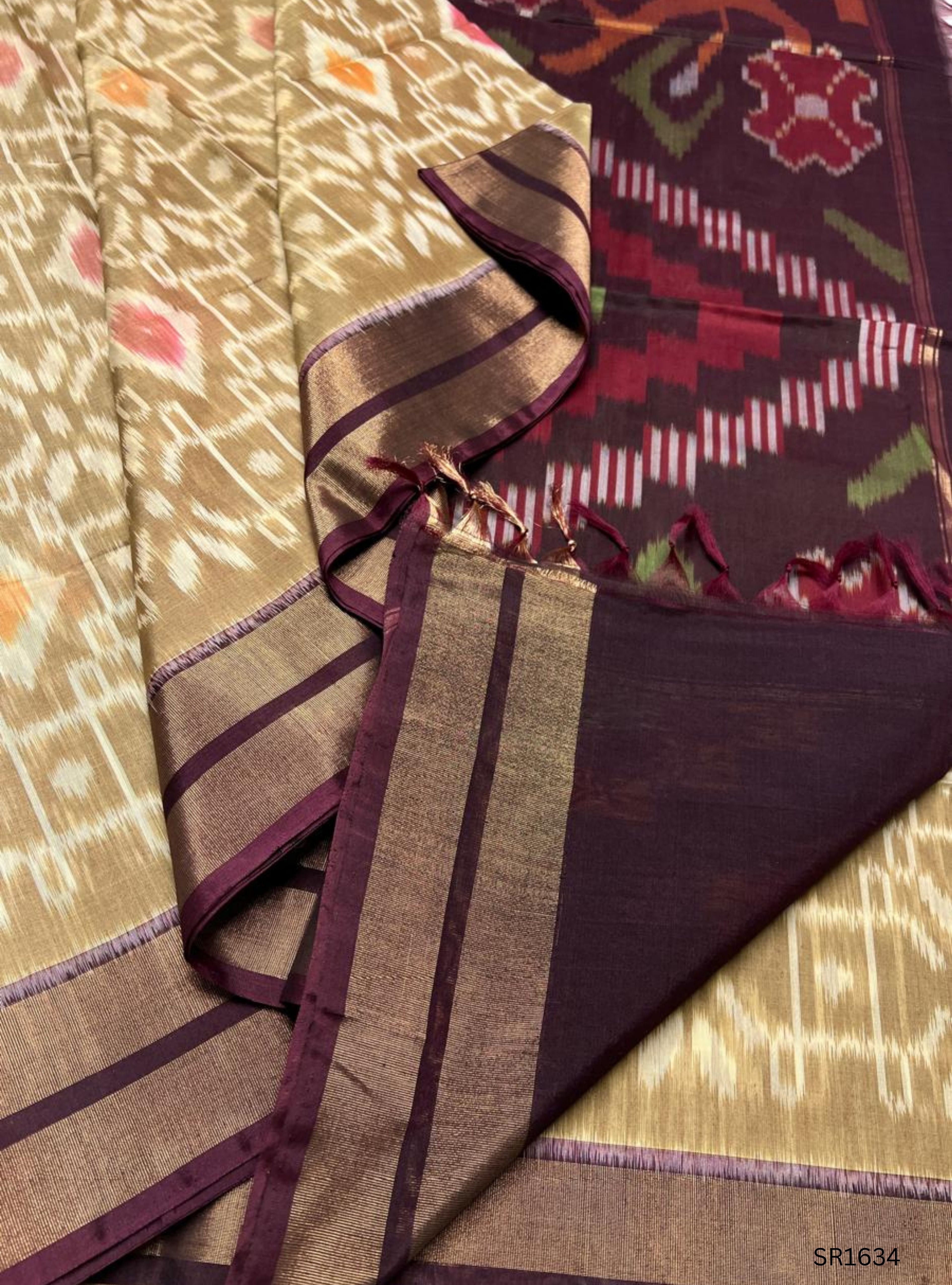 Brown , Pink & White - Ikkat Kora Cotton Saree