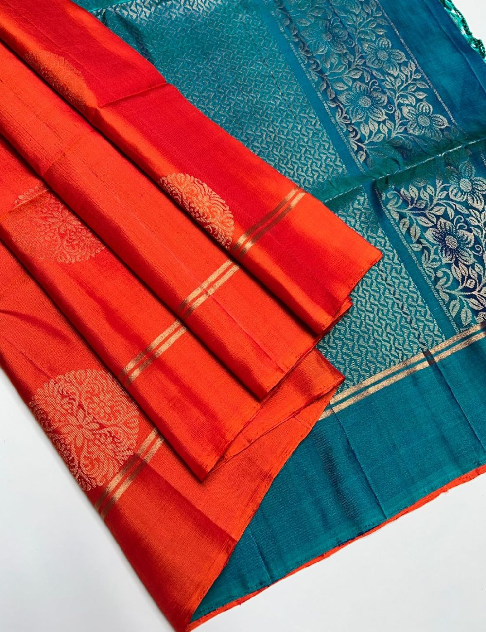 Orange & Teal Green - Soft Silk Saree