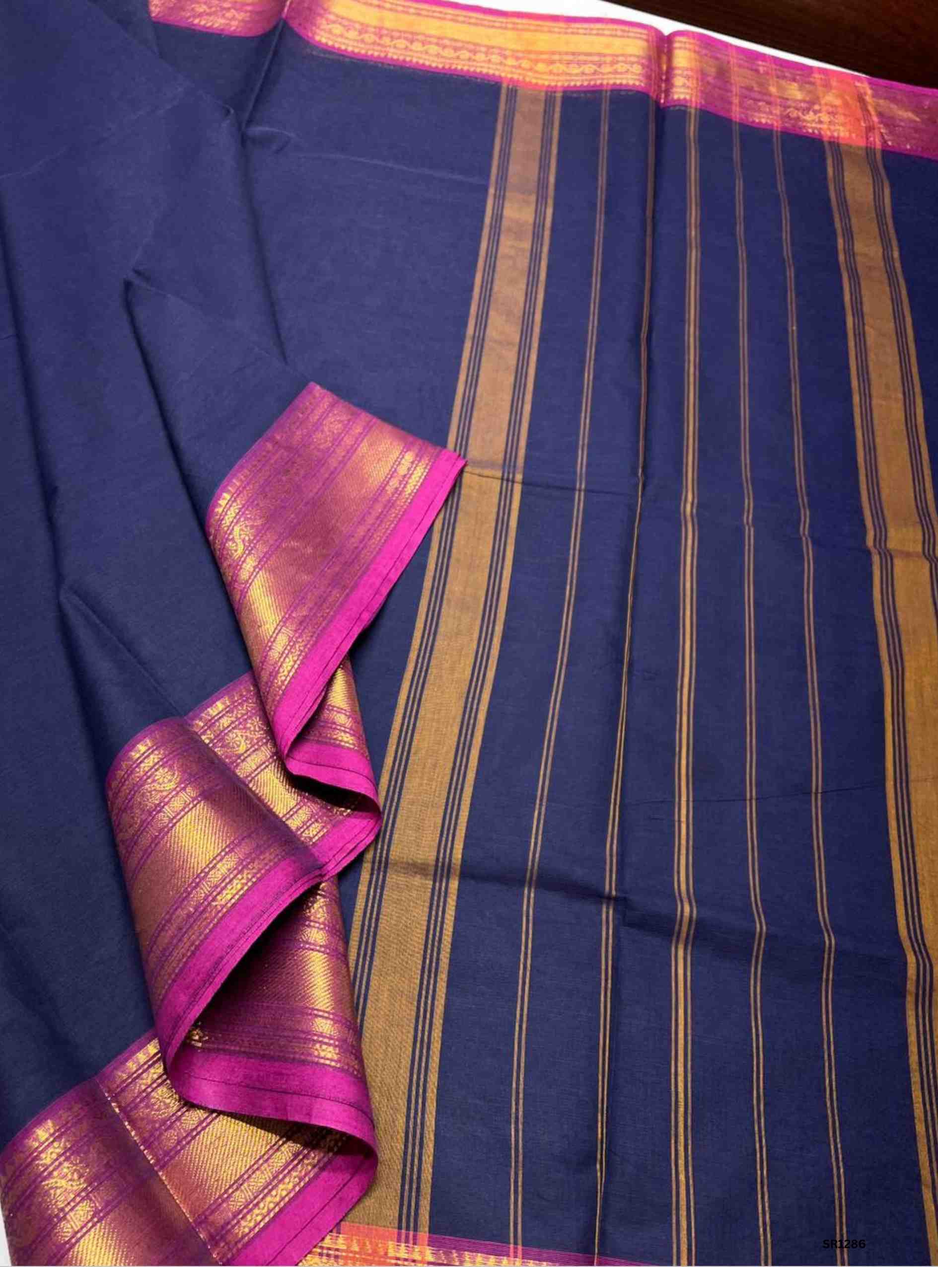 Navy Blue & Magenta Pink - Kanchi Cotton Saree