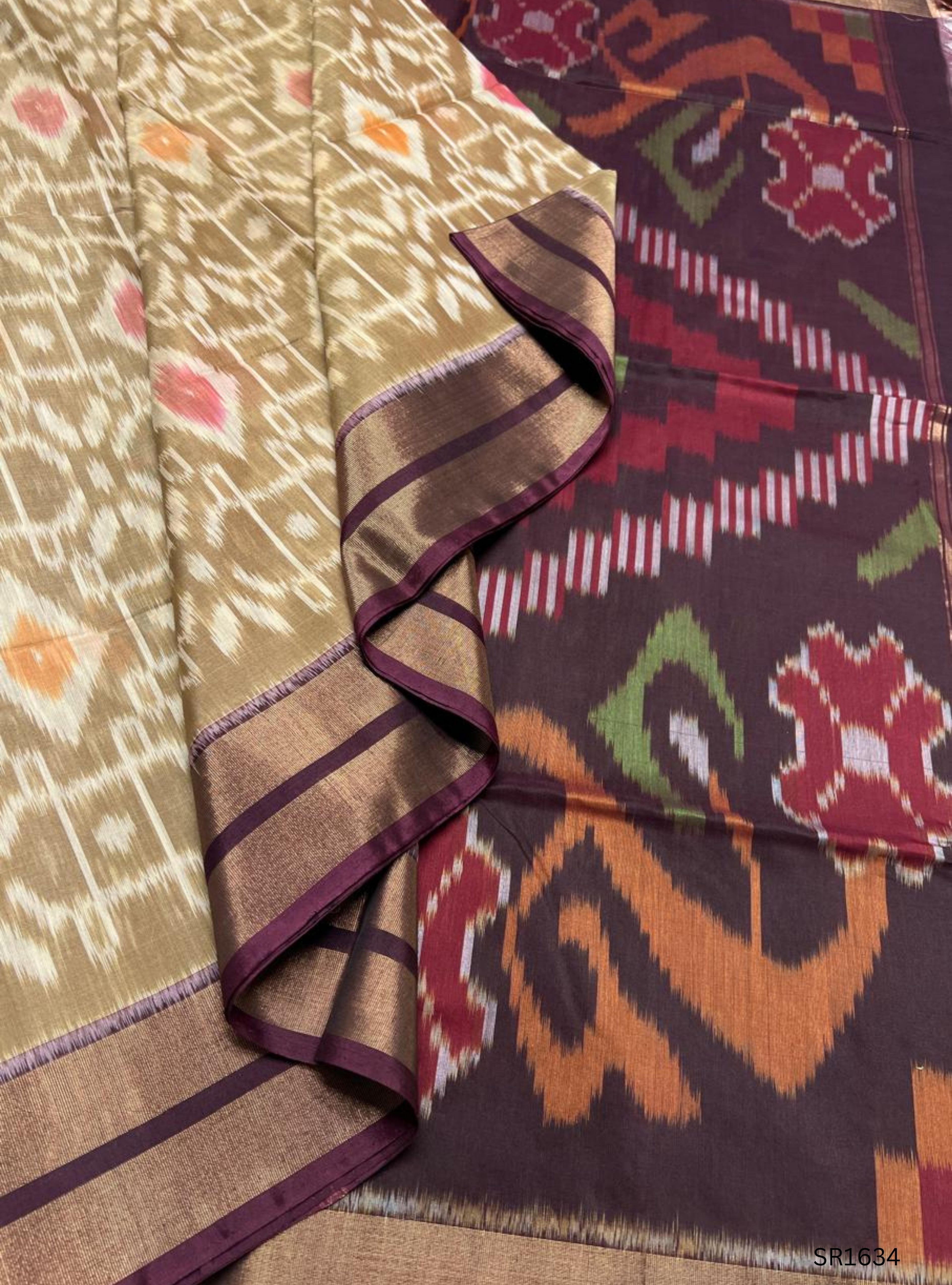 Brown , Pink & White - Ikkat Kora Cotton Saree
