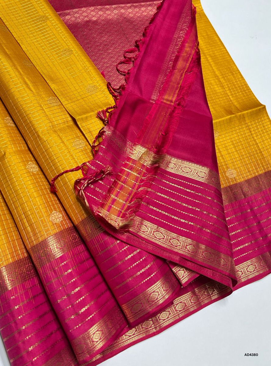 Mango Yellow & Rani Pink - Checkered Retta Pet Saree