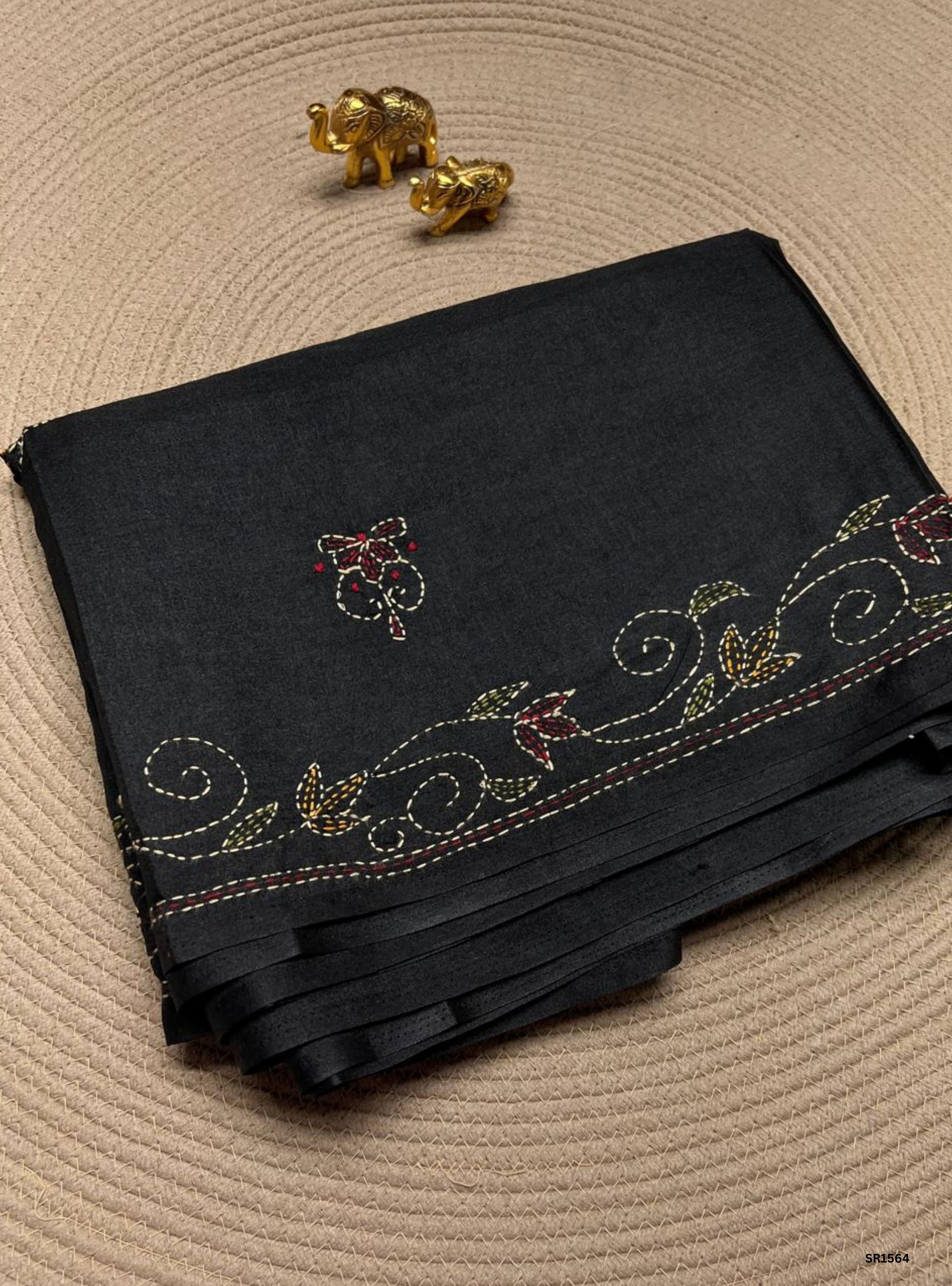 Black - Kantha Stich Semi Tussar Saree