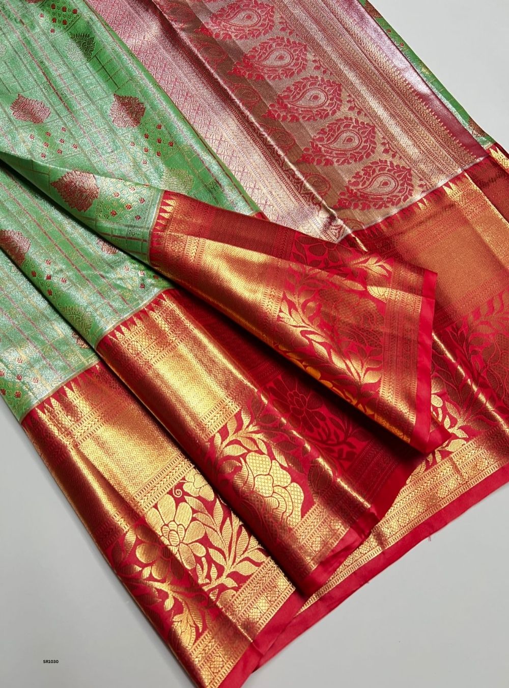 Pista Green & Red - Semi Kanjeevaram Saree