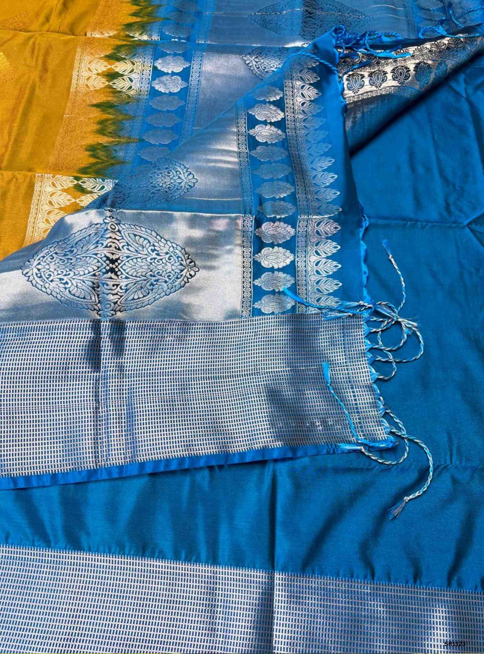 Mehendi Brown & Blue - Semi Silk Saree