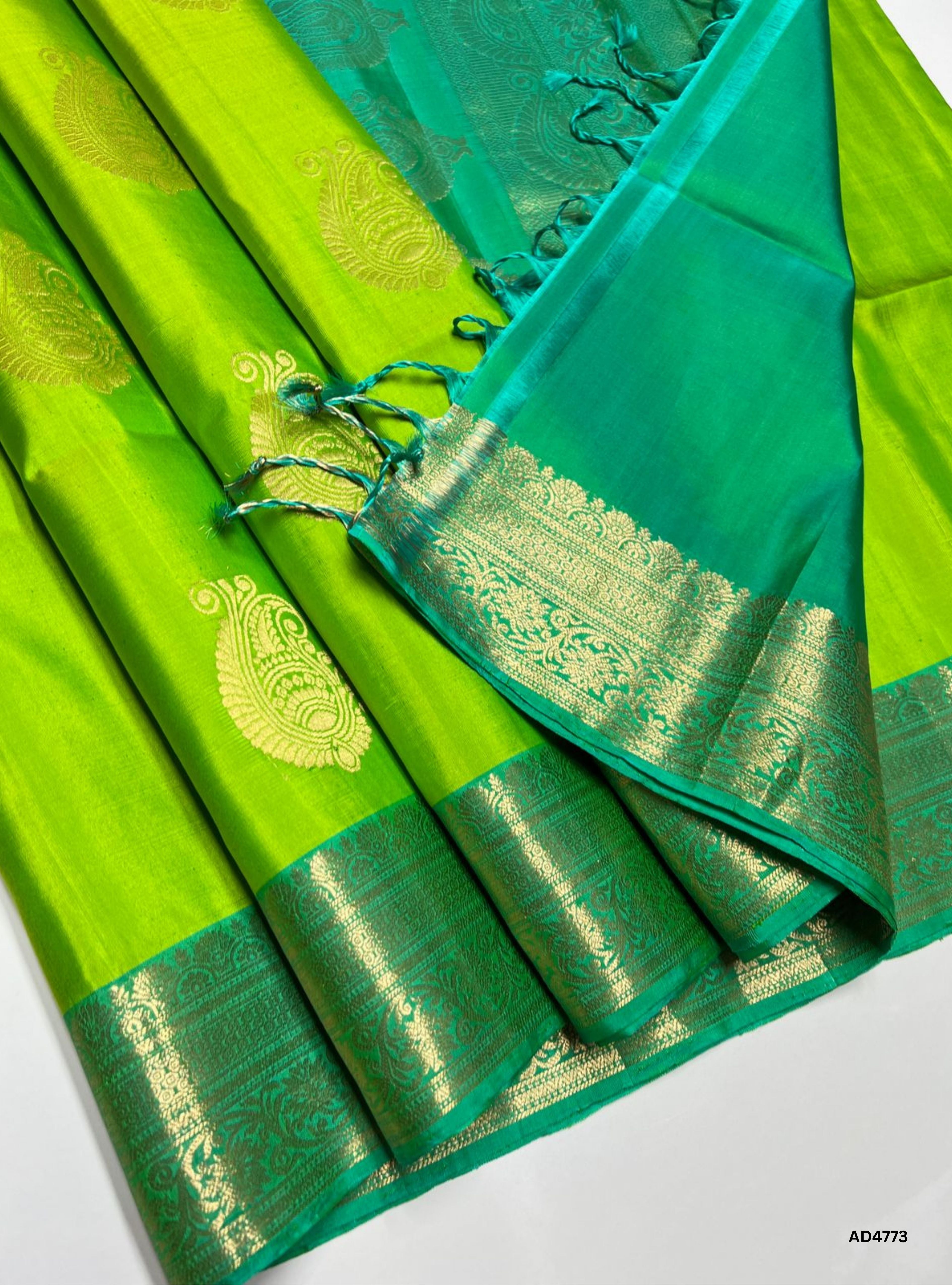 Parrot Green & Rama Blue - Kanchi Border Soft Silk Saree
