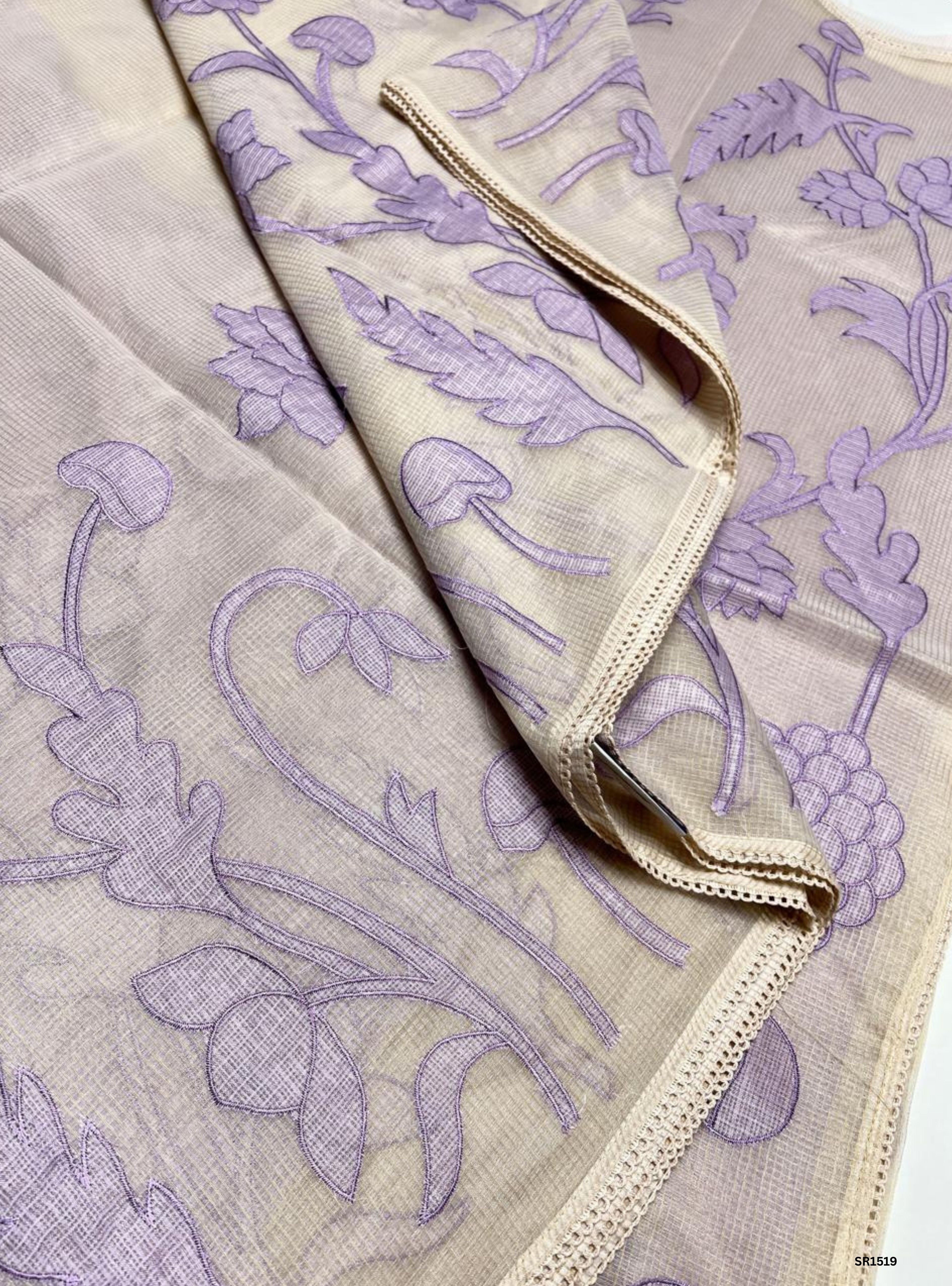 Half White & Lavender - Kota Applique Work Saree