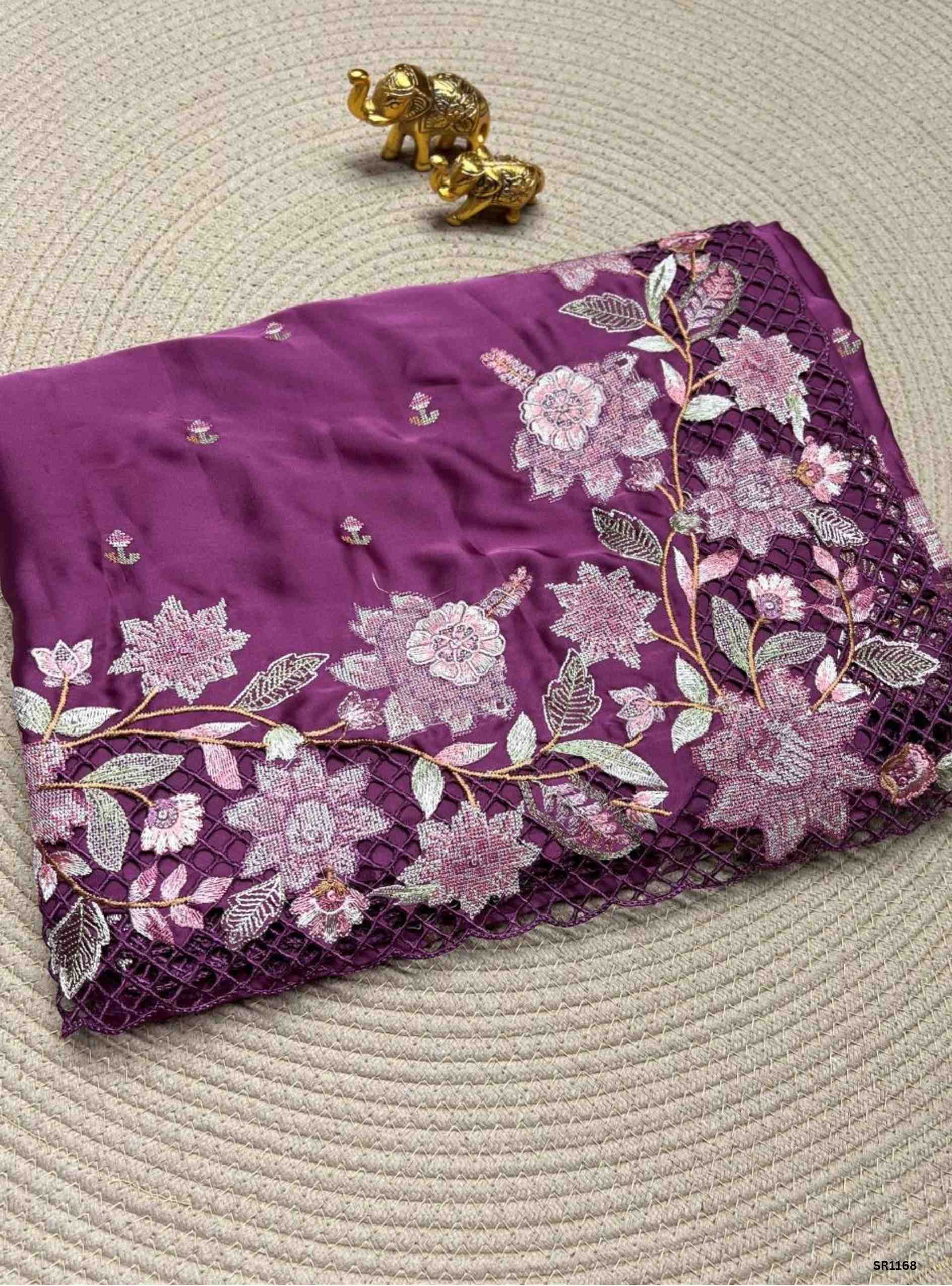 Dark Fuchsia - Satin Georgette Saree Cutwork with Embroidery