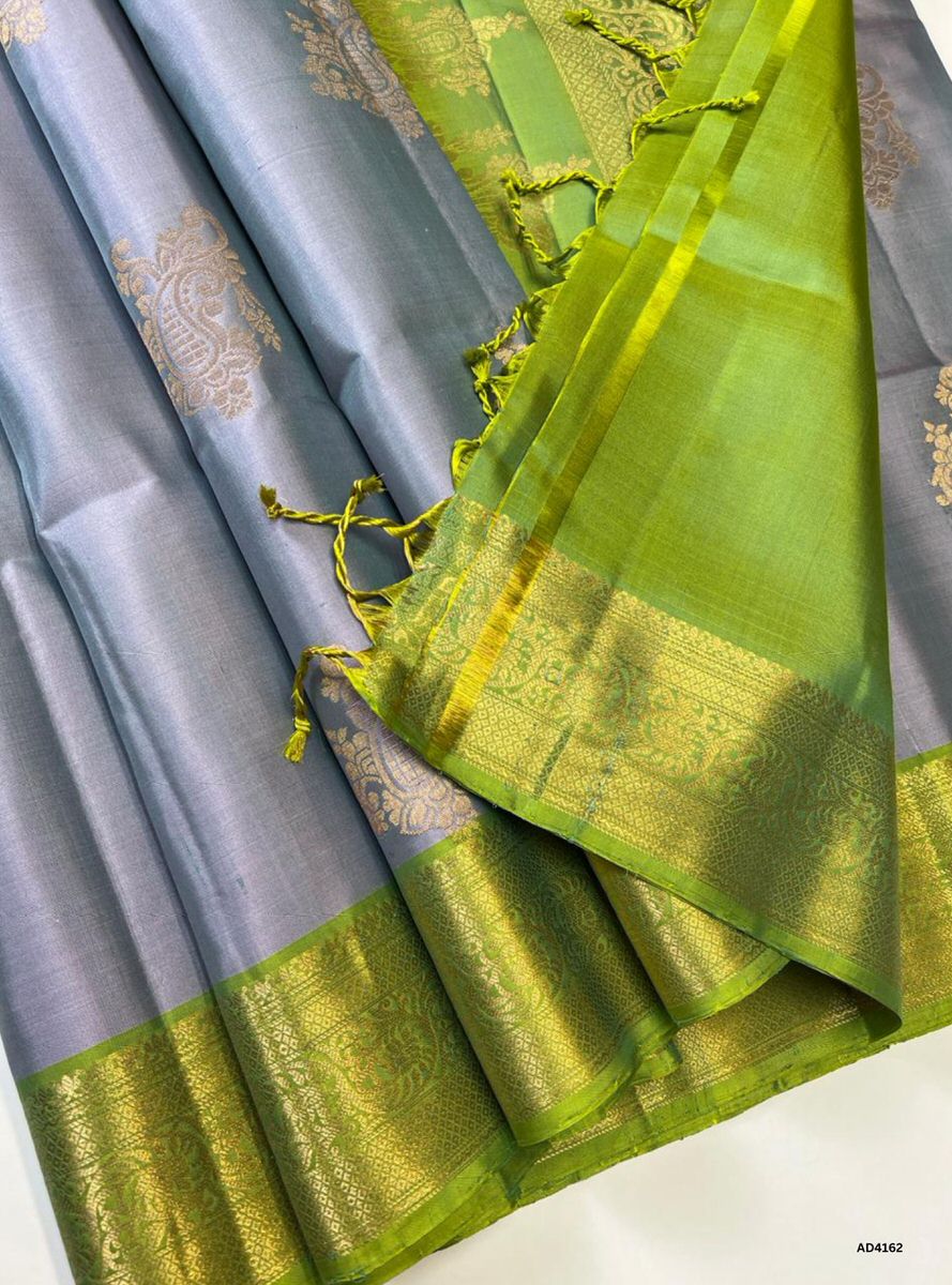 Grey & Lime Green - Kanchi Border Soft Silk Saree