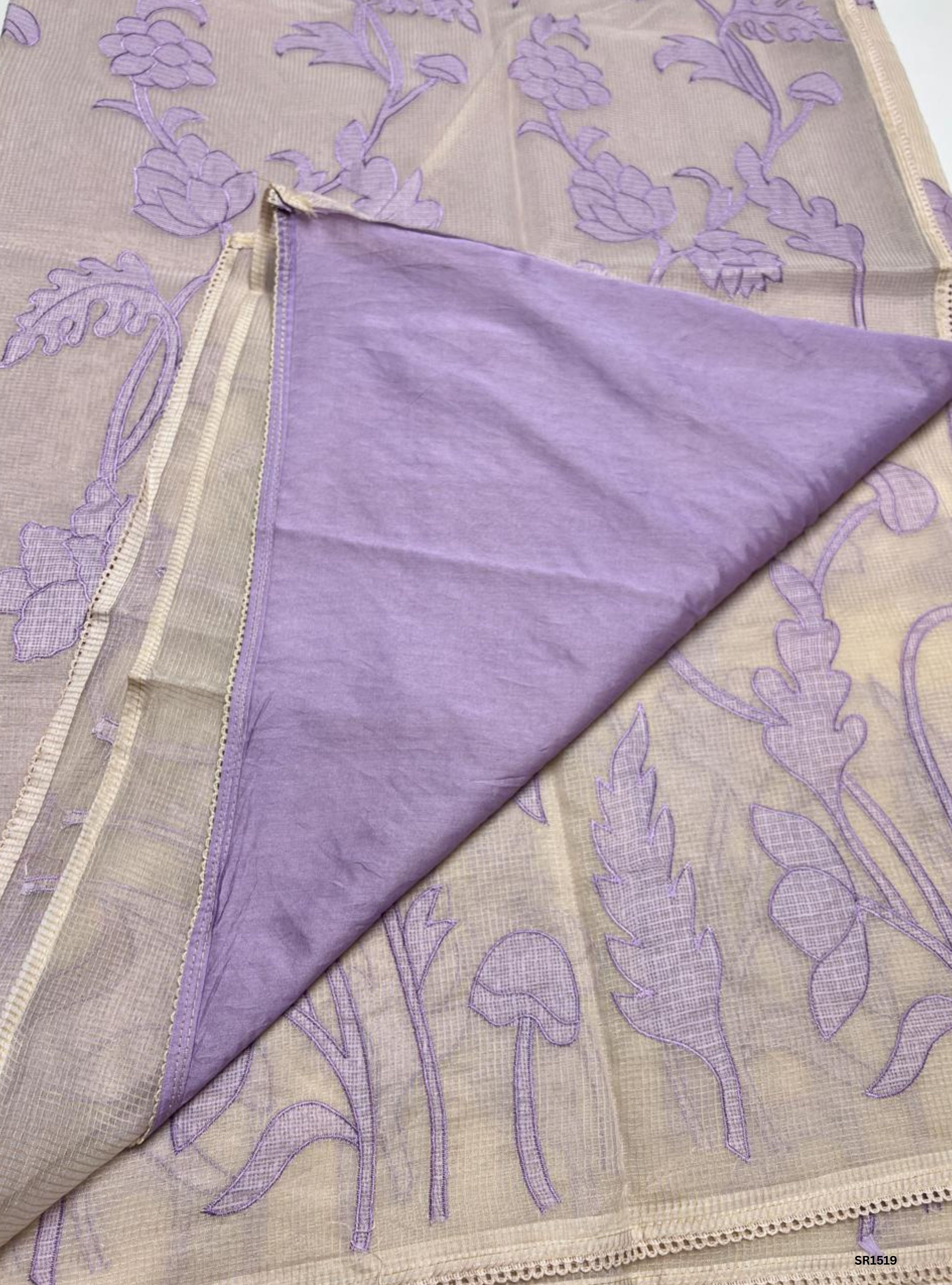 Half White & Lavender - Kota Applique Work Saree