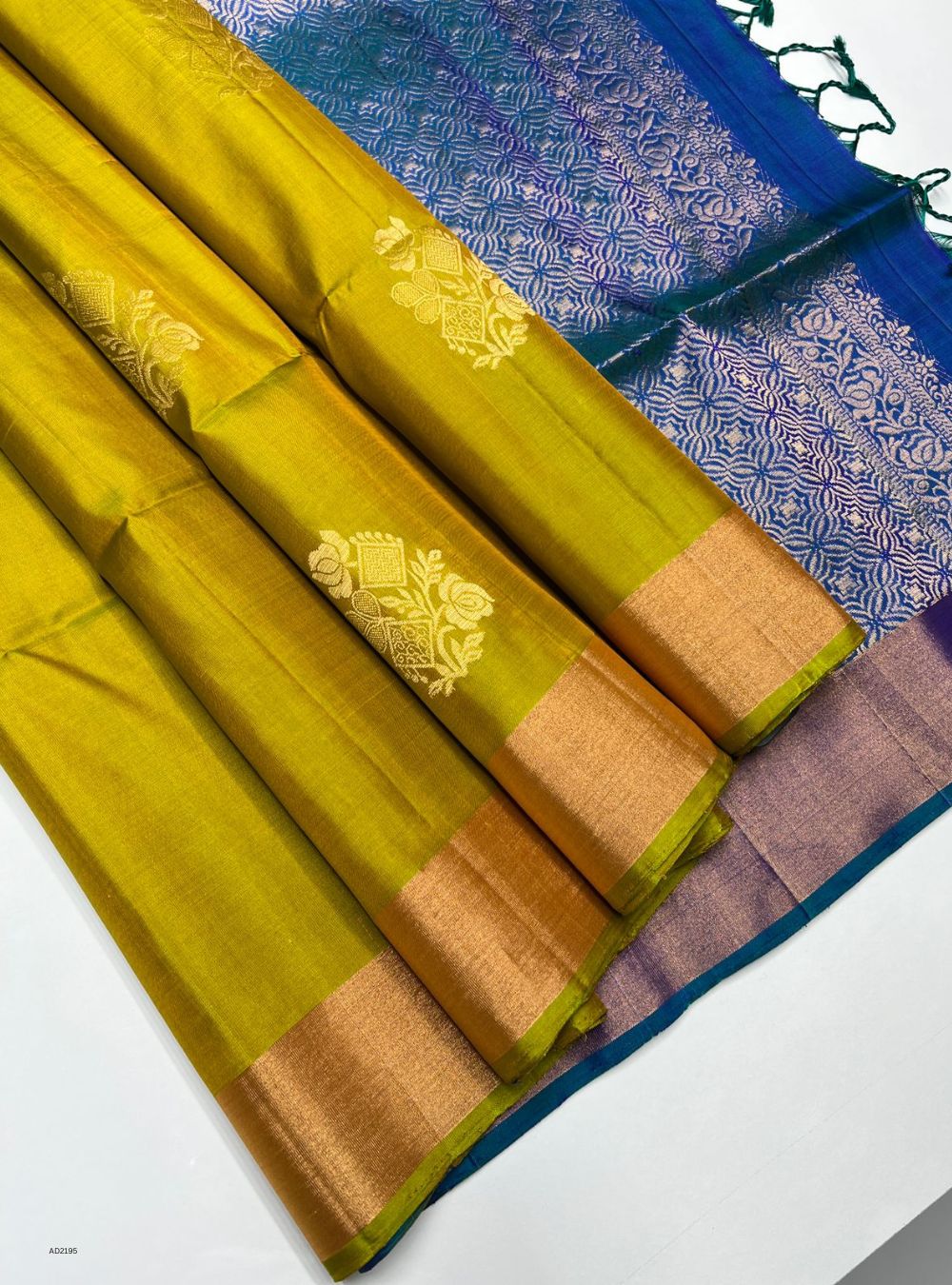 Dark Lime Yellow & Peacock Blue - Soft Silk Saree