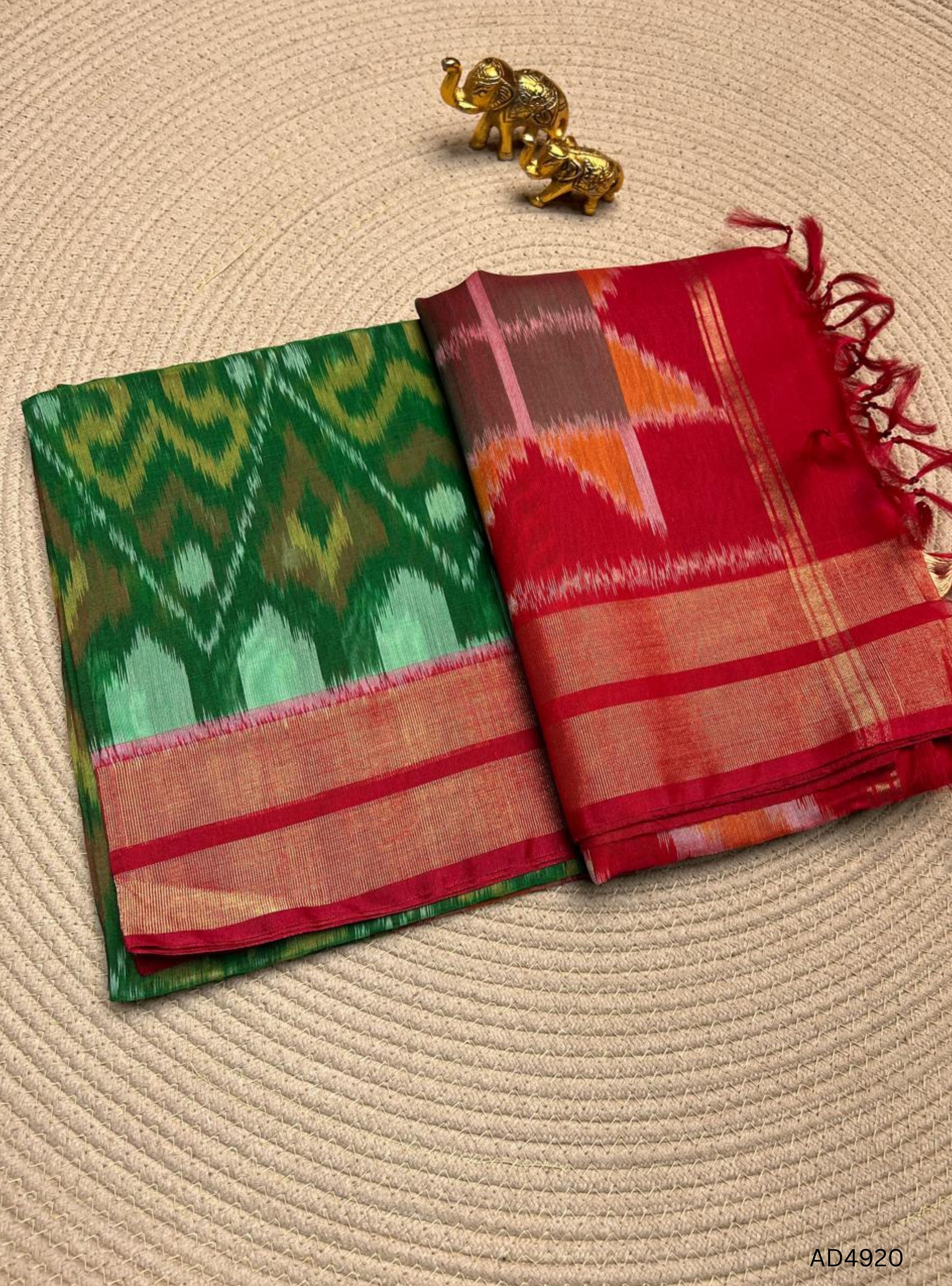 Green , White & Red - Ikkat Kora Cotton Saree