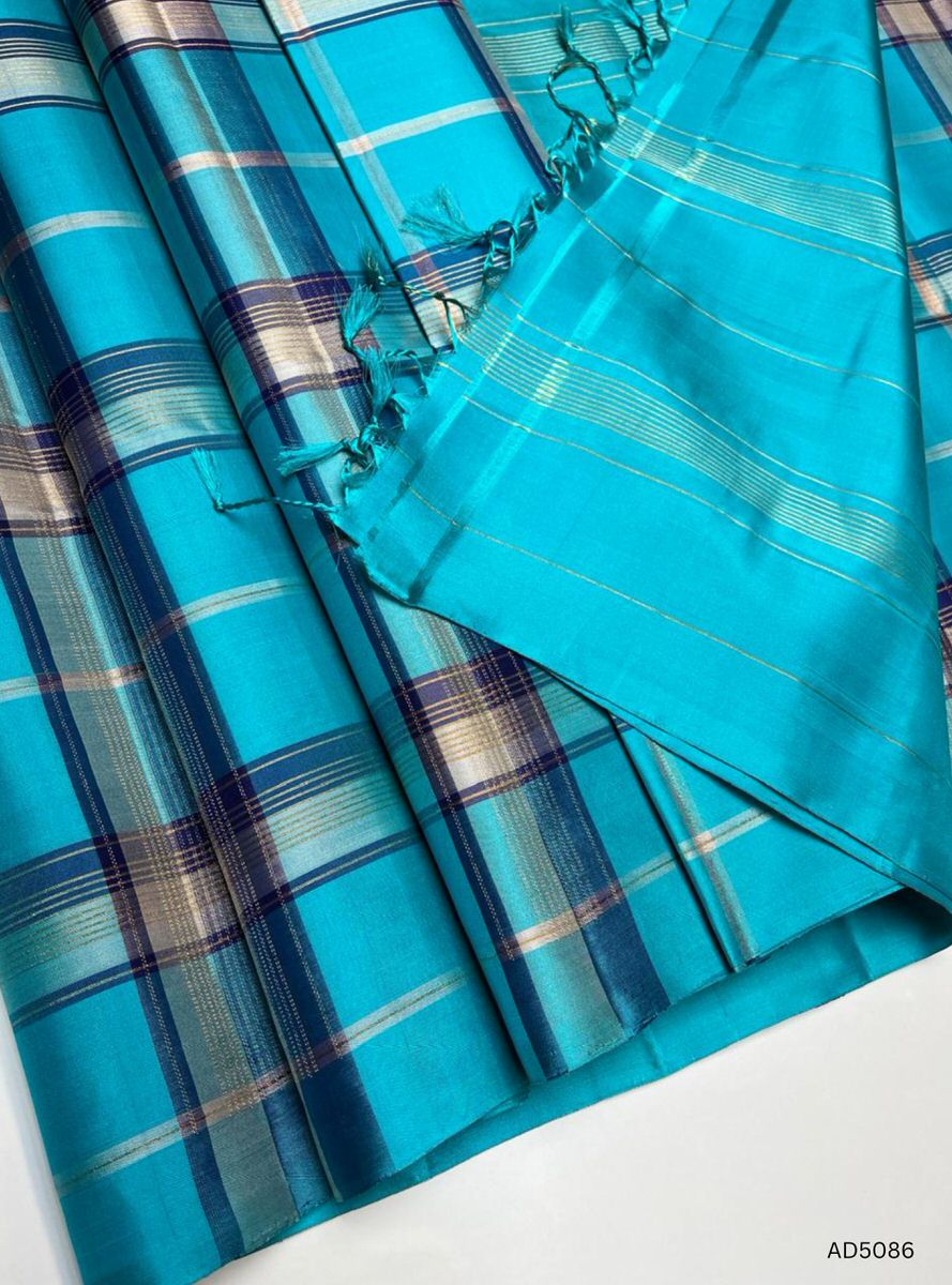 Aqua Blue - Checkerd Soft Silk Saree