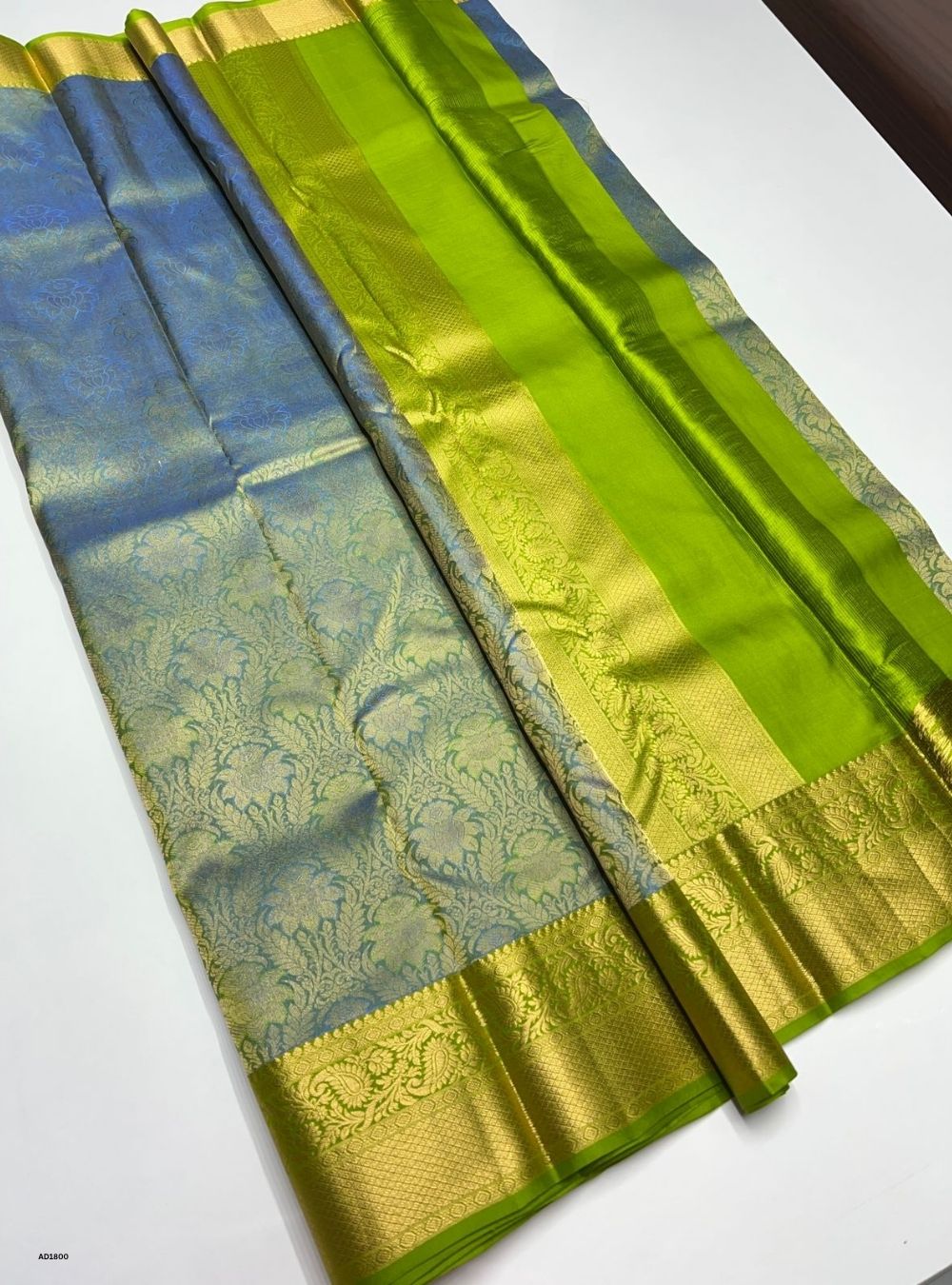 Dual Tone Blue & Lime Green - Kanjeevaram Silk Saree