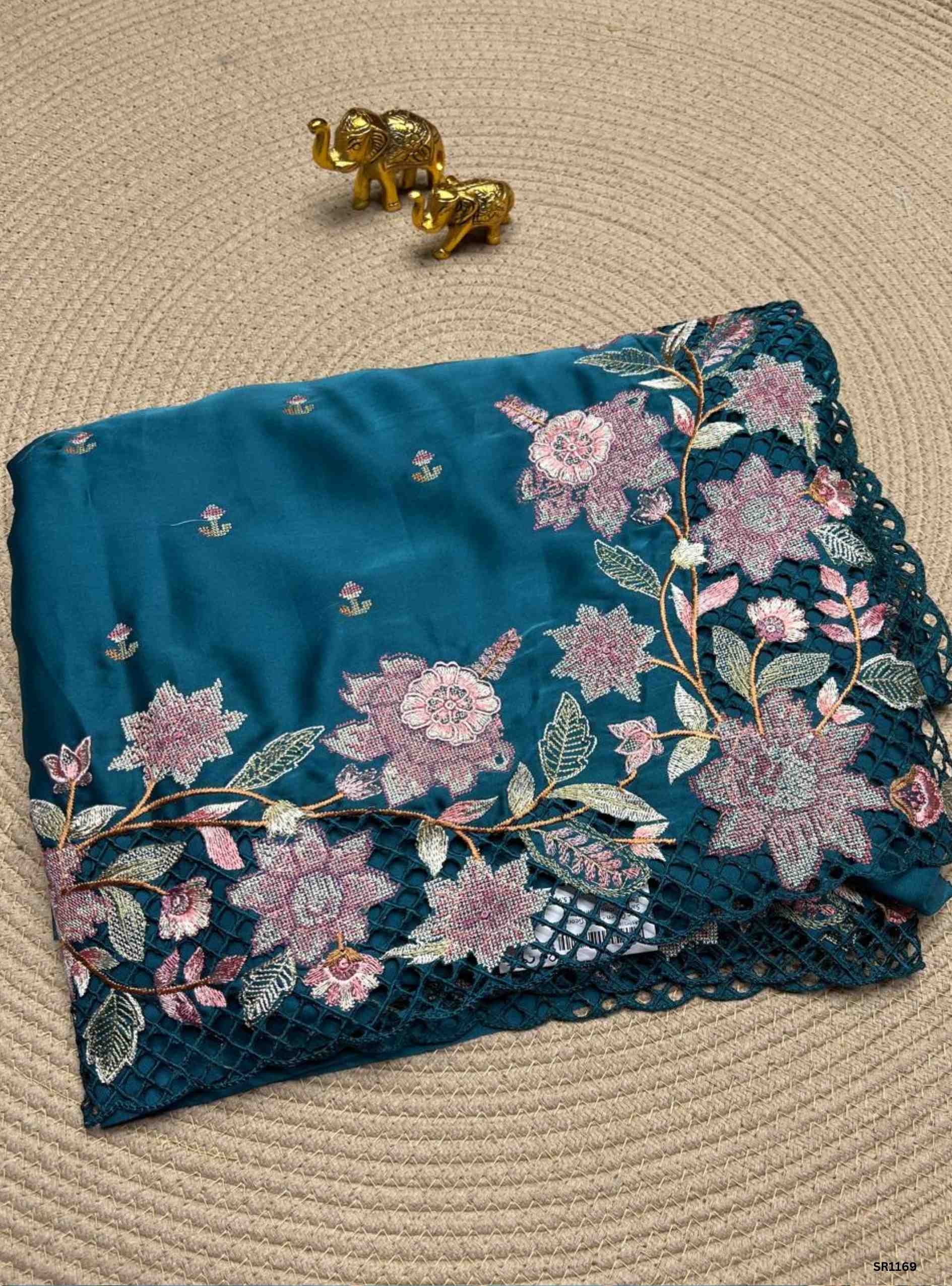 Pine Green - Satin Georgette Saree Cutwork with Embroidery