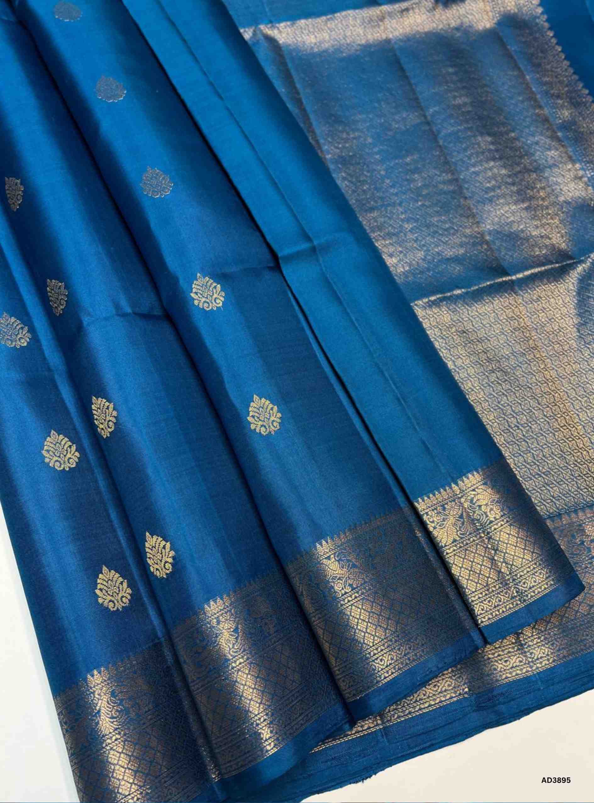 Teal Blue - Kanchi Border Soft Silk Saree