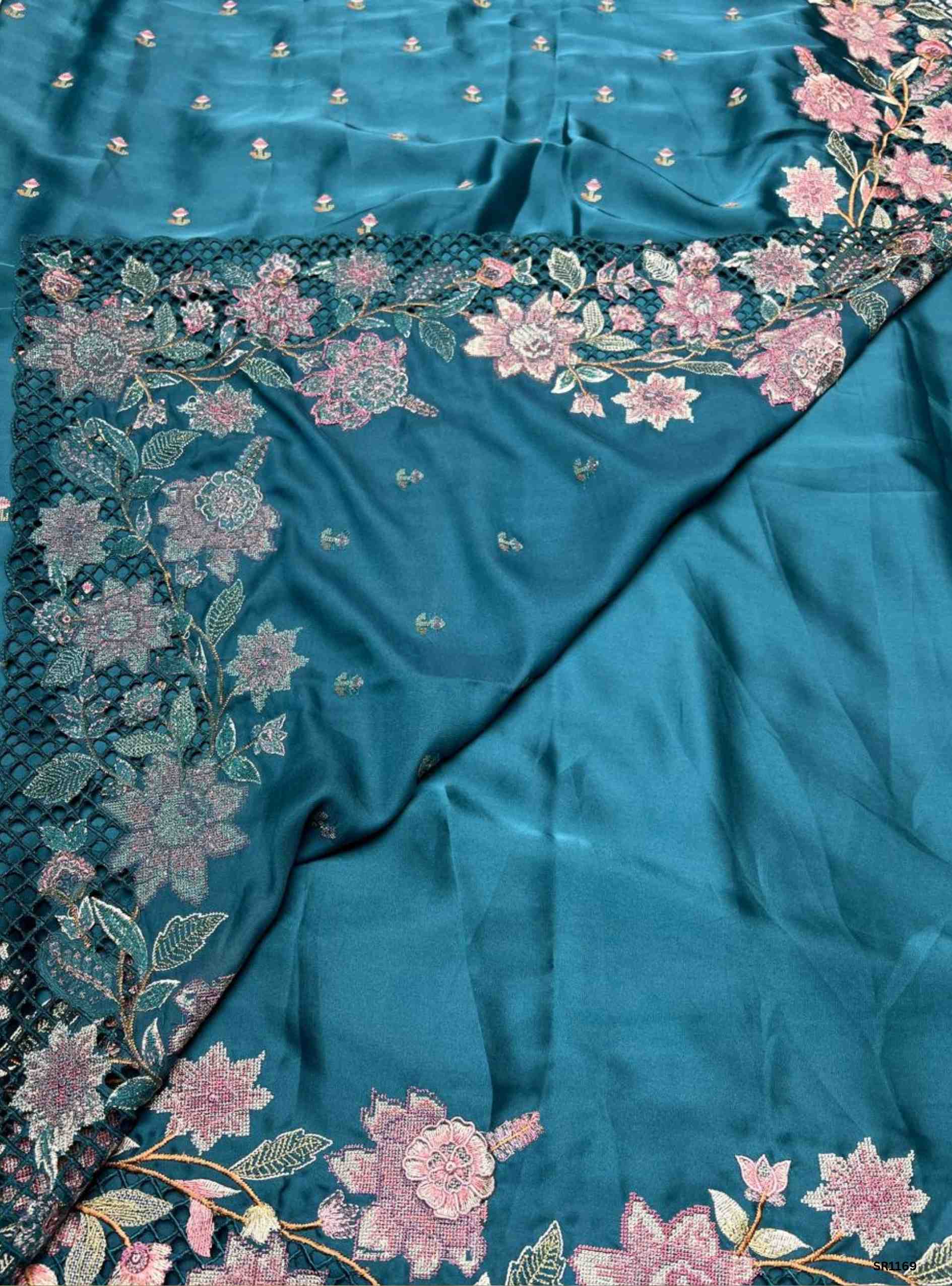 Pine Green - Satin Georgette Saree Cutwork with Embroidery