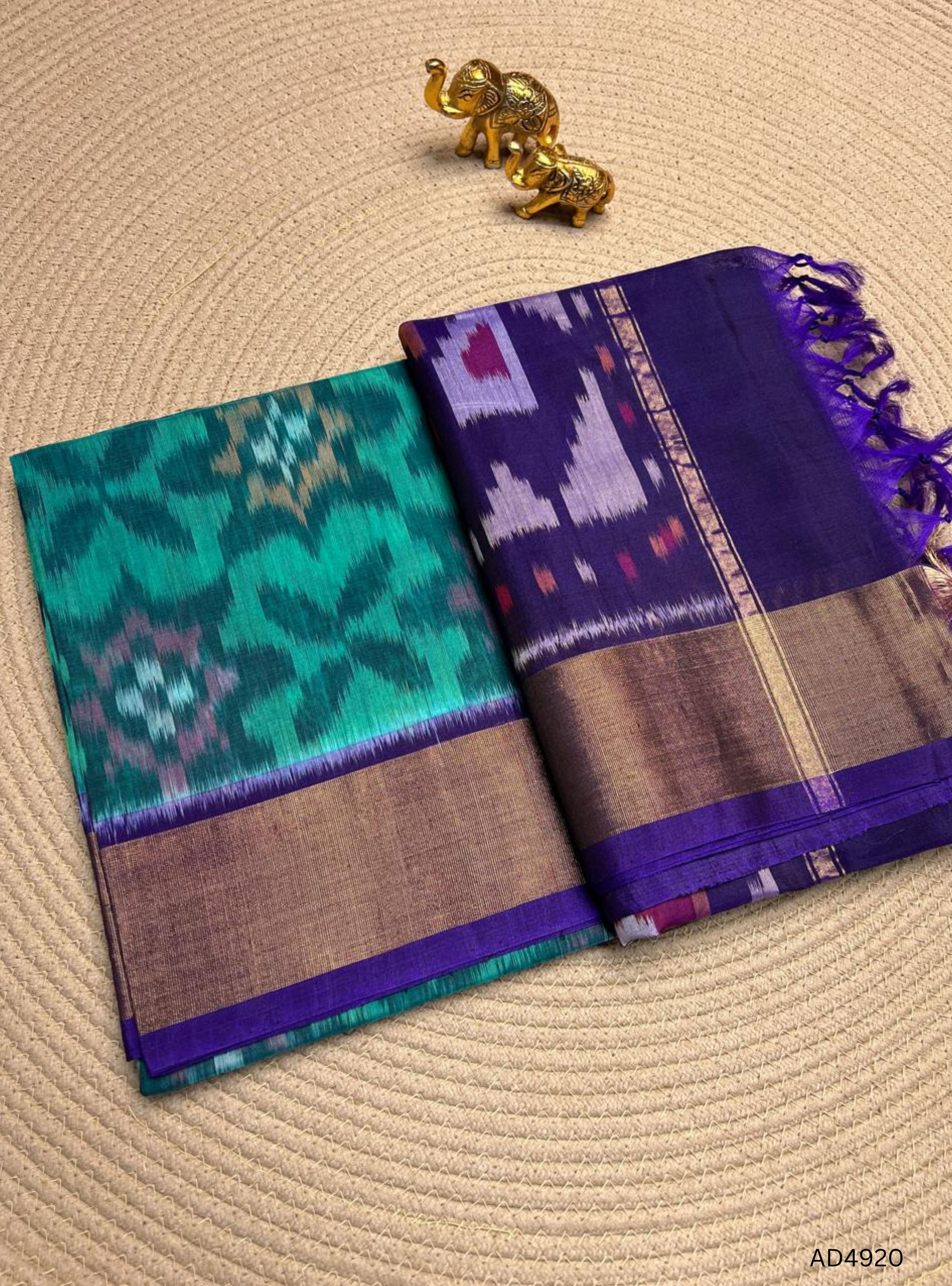 Emeraled Green , Black & Purple - Ikkat Kora Cotton Saree