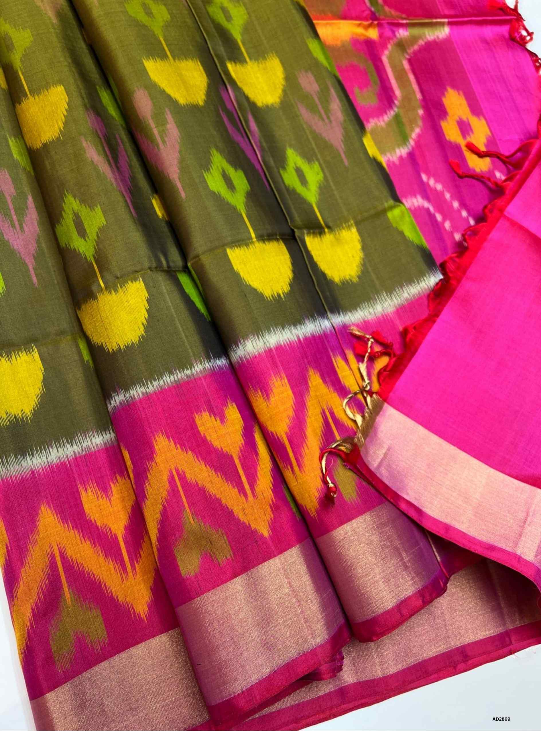 Olive Green & Reddish Pink - Soft Silk Saree