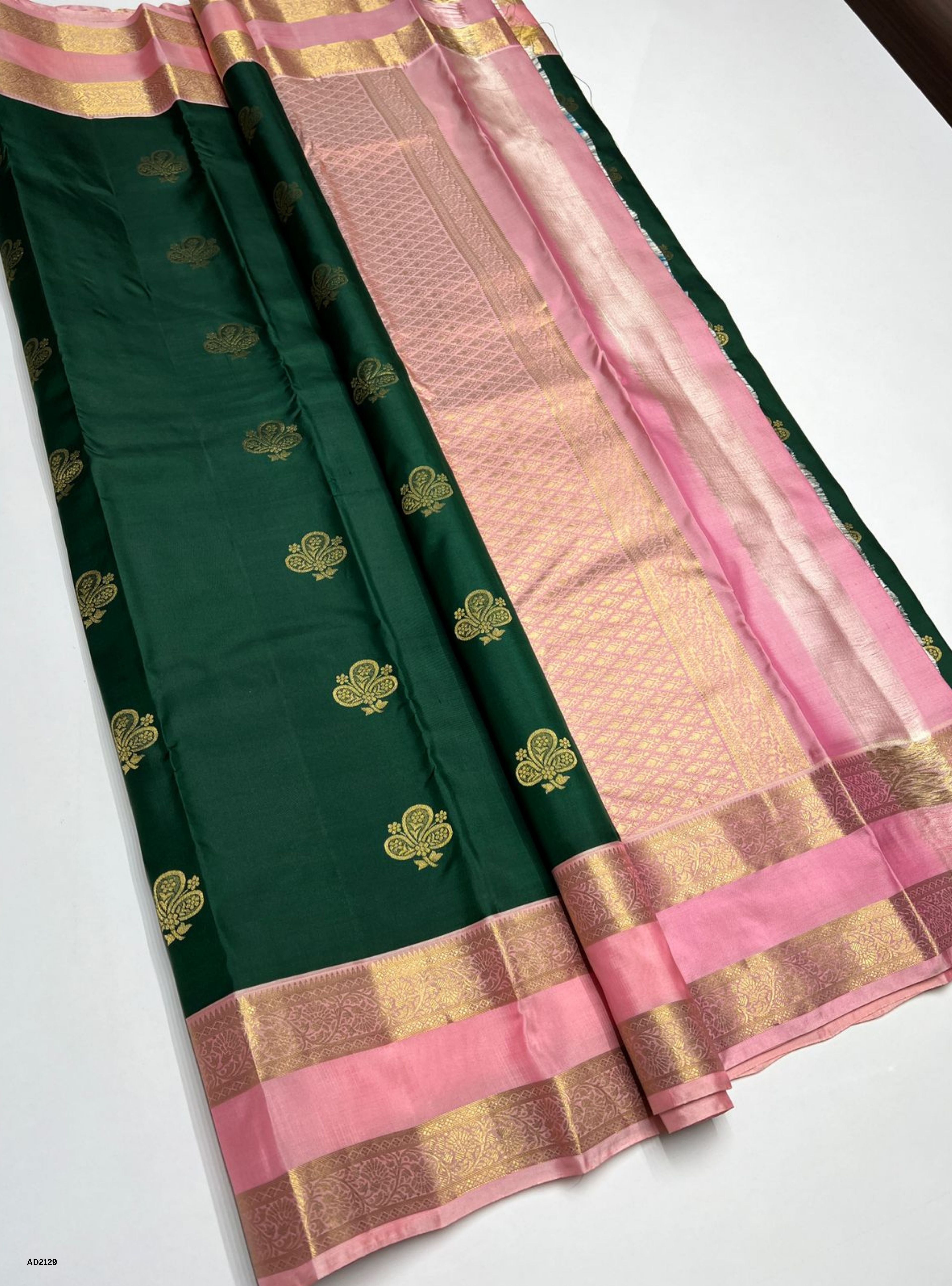 Bottle Green & Baby Pink - Soft Silk Saree