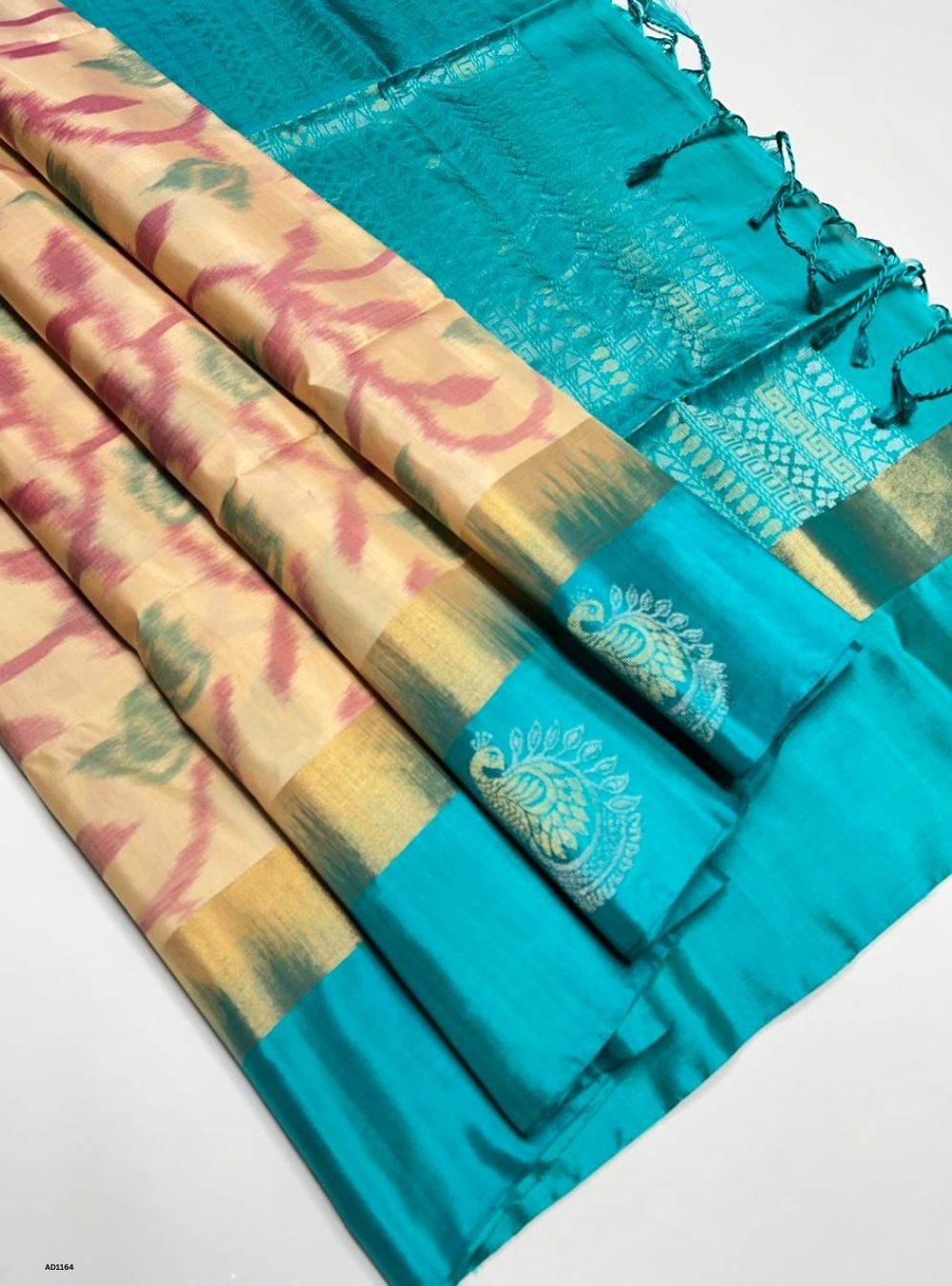 Beige & Turquoise - Soft Silk Saree