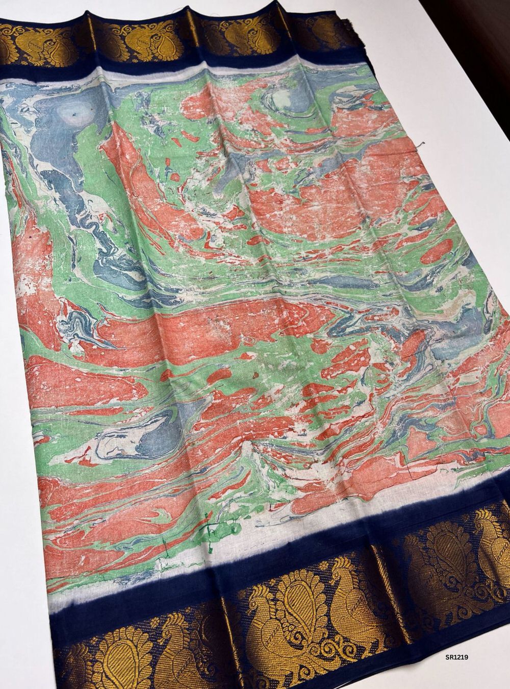White & Ink Blue - Marble Print Chungudi Cotton