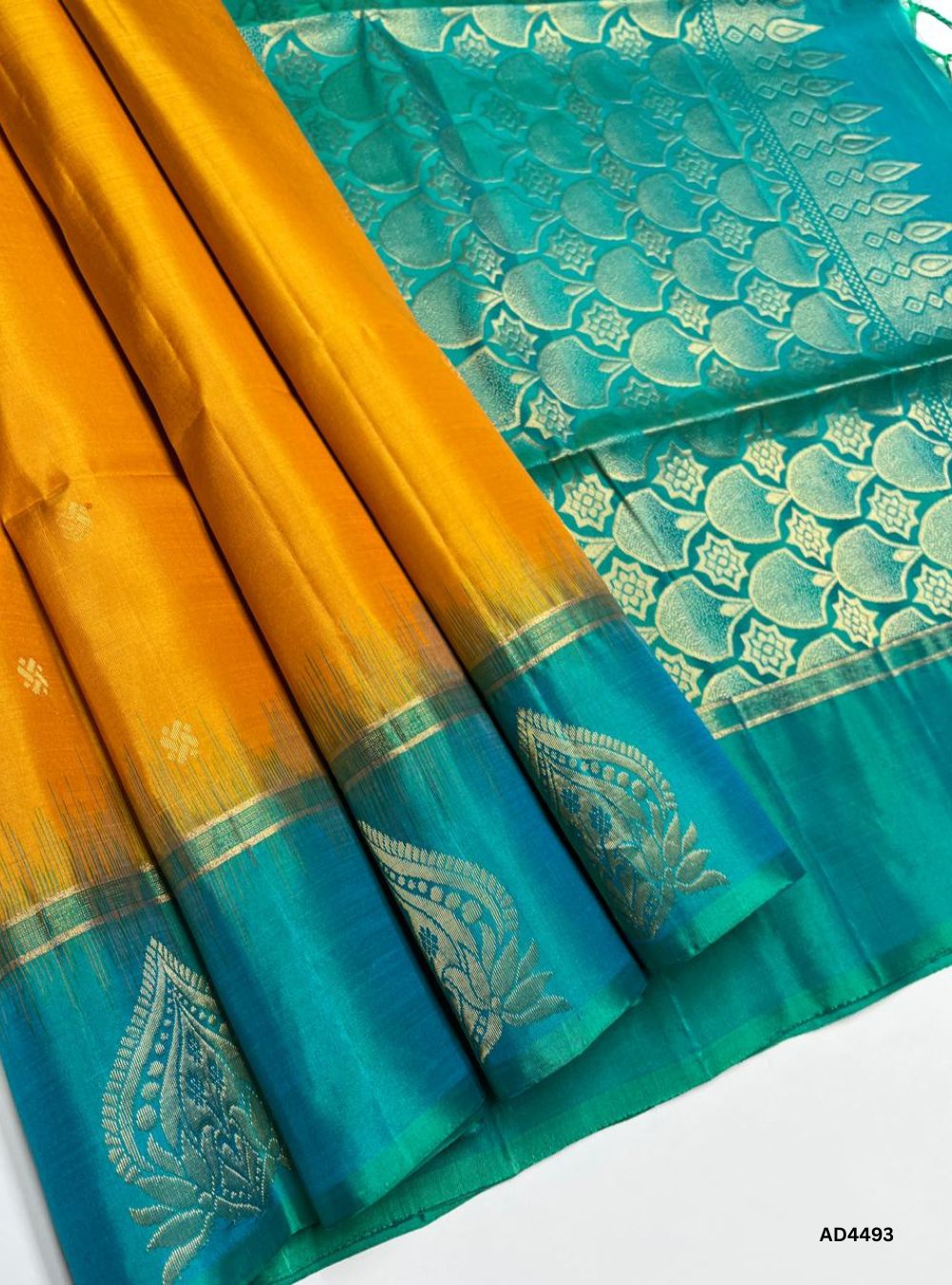 Mango Yellow & Aquva Green - Fancy Bhutta Soft Silk Saree