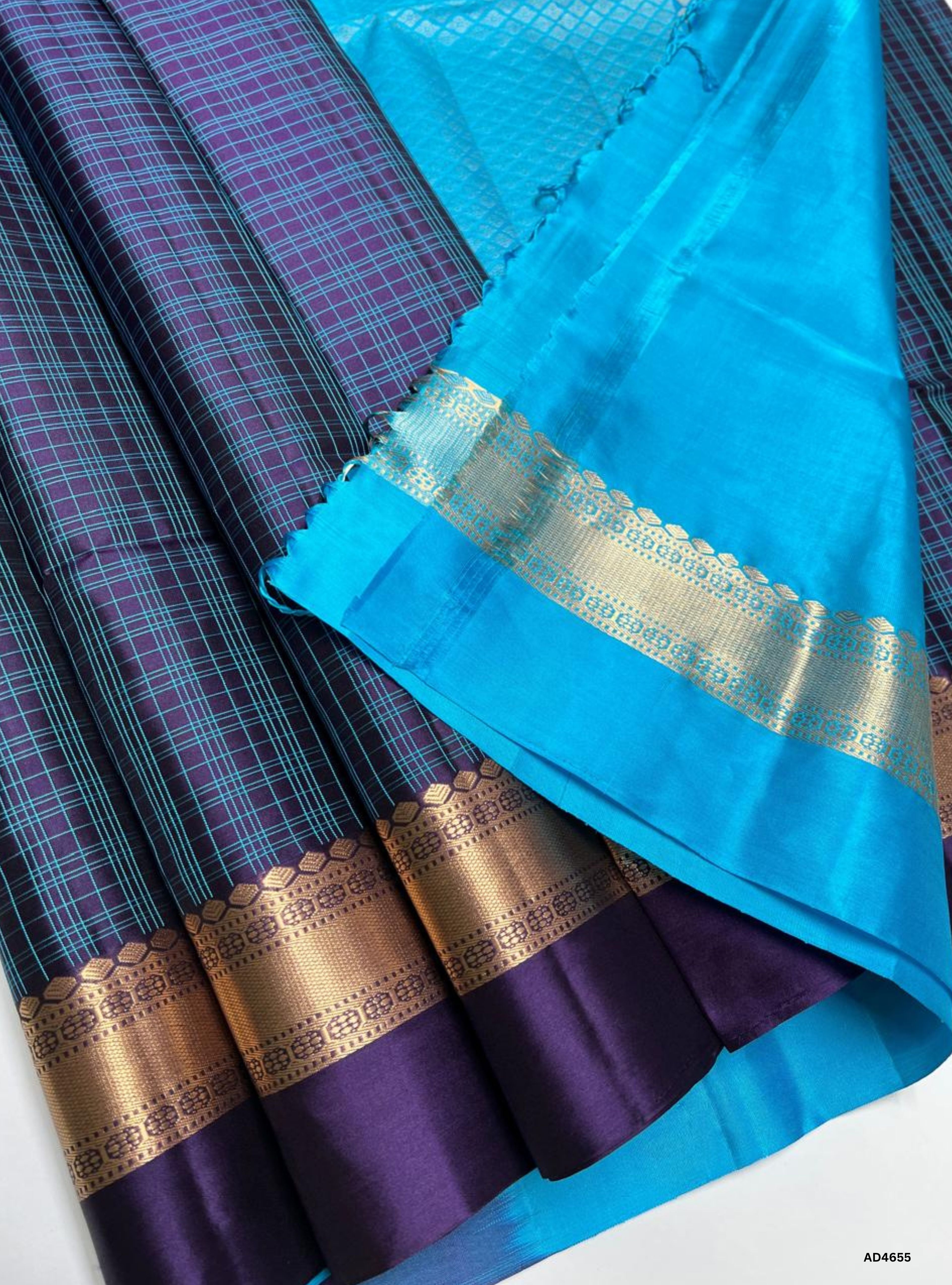 Ink Blue & Ice Blue - Checkerd Kanchi Border Soft Silk Saree