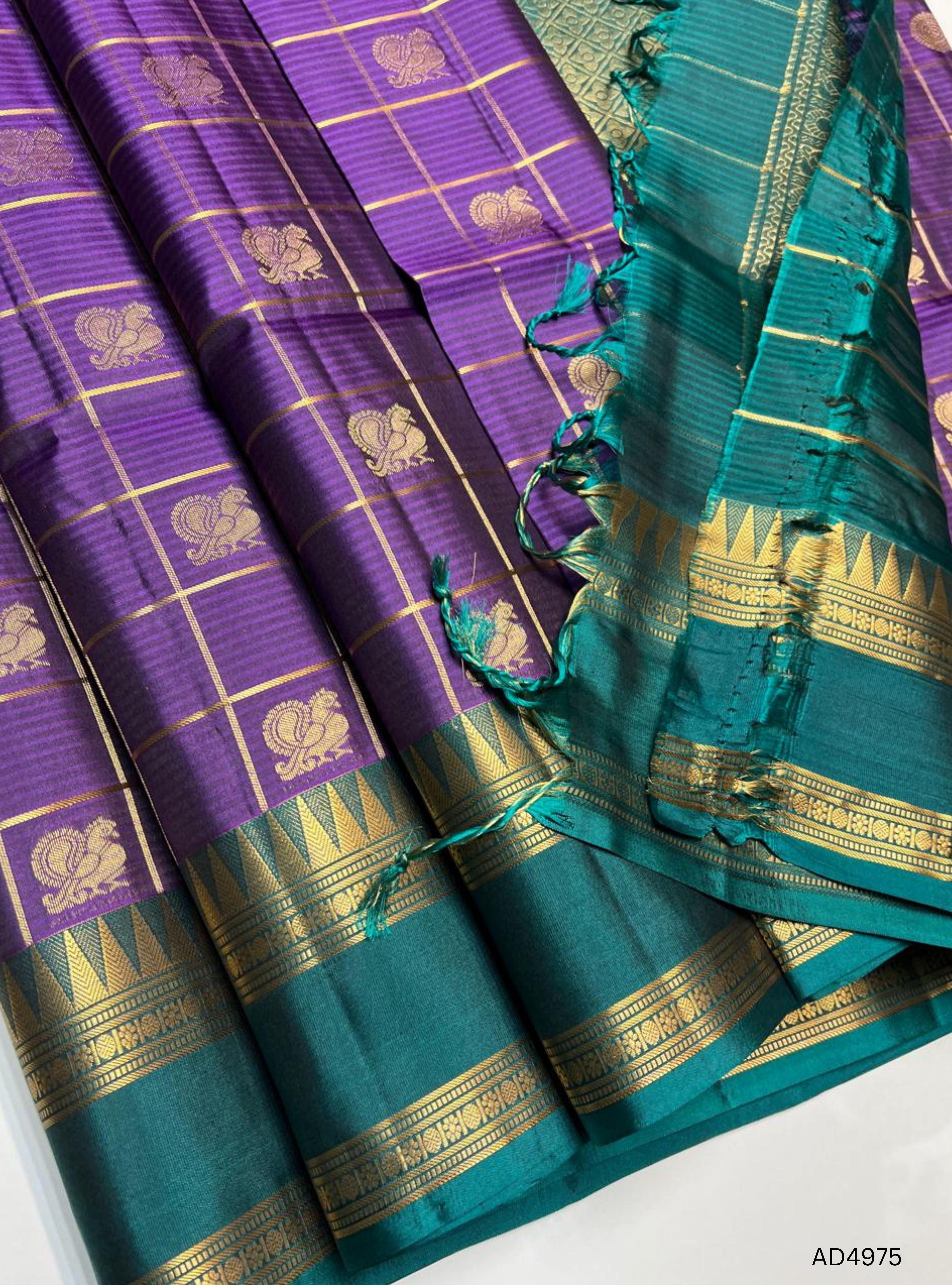 Puple & Green - Checkerd Retta Pet Soft Silk Saree