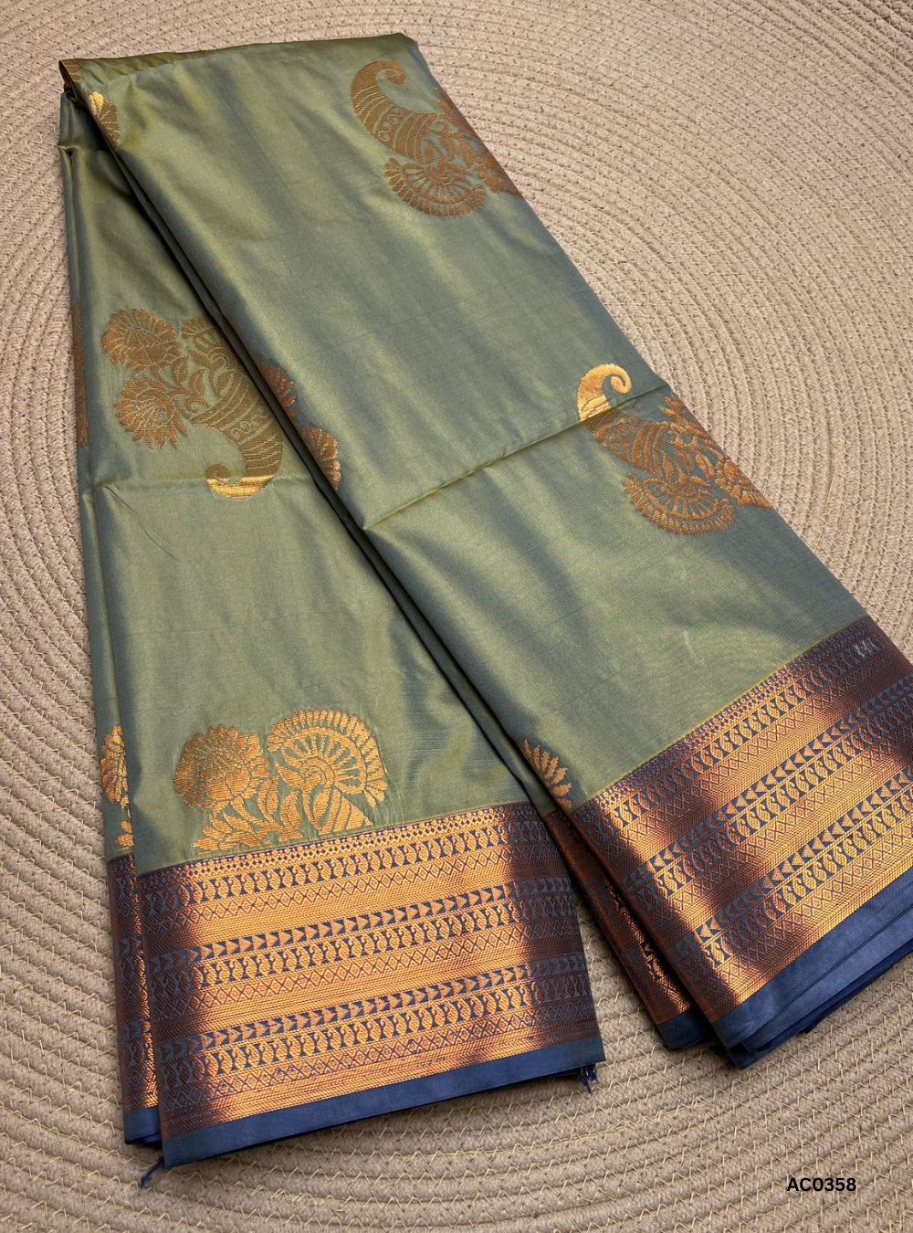 DUAL TONE GREEN & YELLOW CROSS BLUE - SEMI SILK SAREE