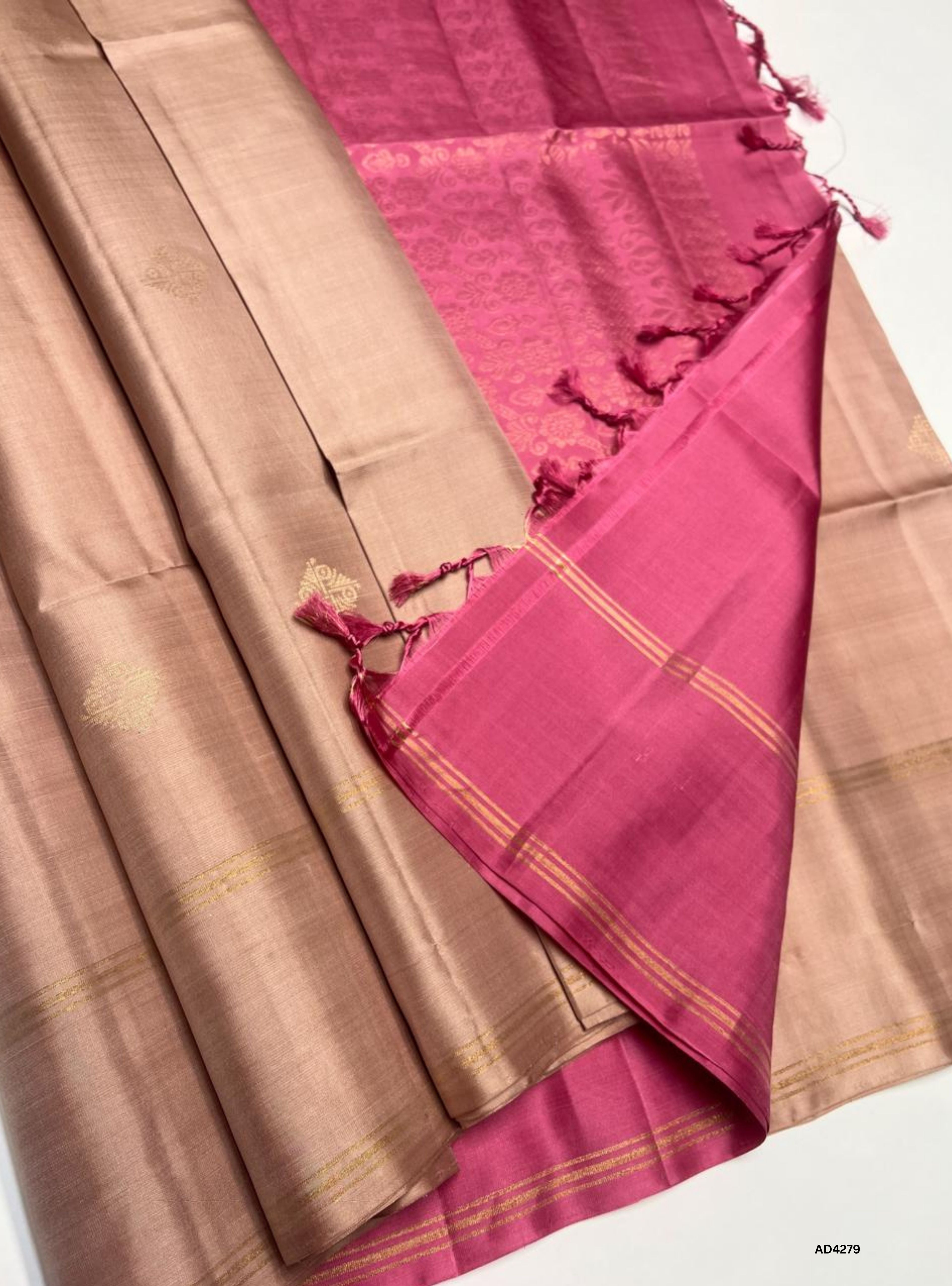 Cream & Pink - Soft Silk Saree