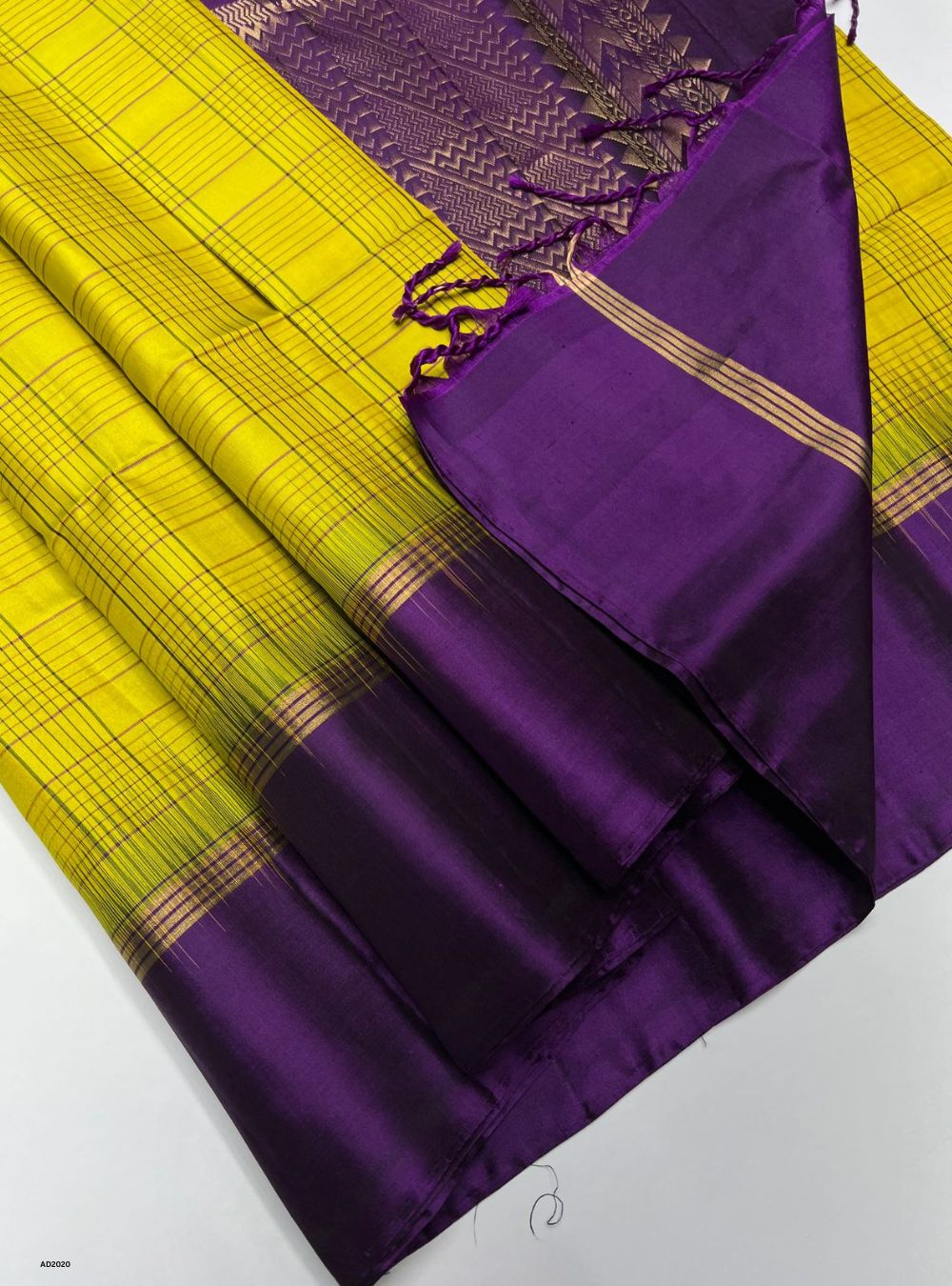Lime Yellow & Purple - Soft Silk Saree